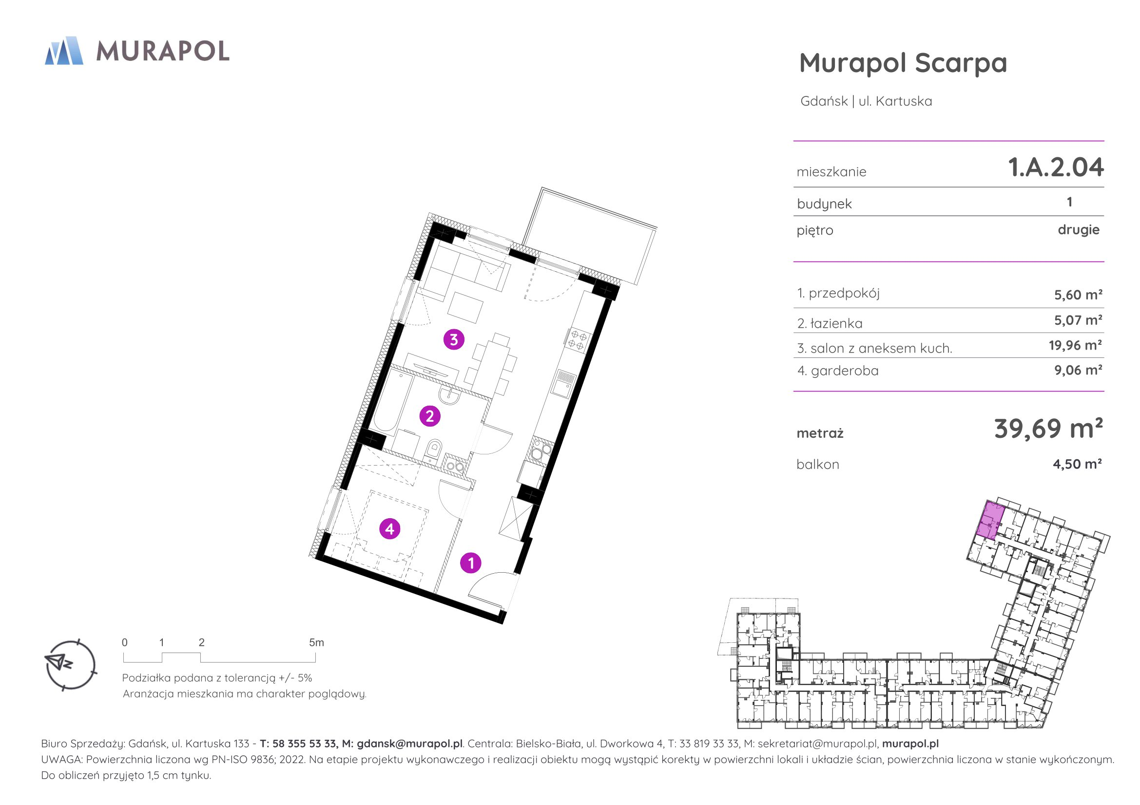 Mieszkanie 39,69 m², piętro 2, oferta nr 1.A.2.04, Murapol Scarpa, Gdańsk, Siedlce, ul. Kartuska-idx