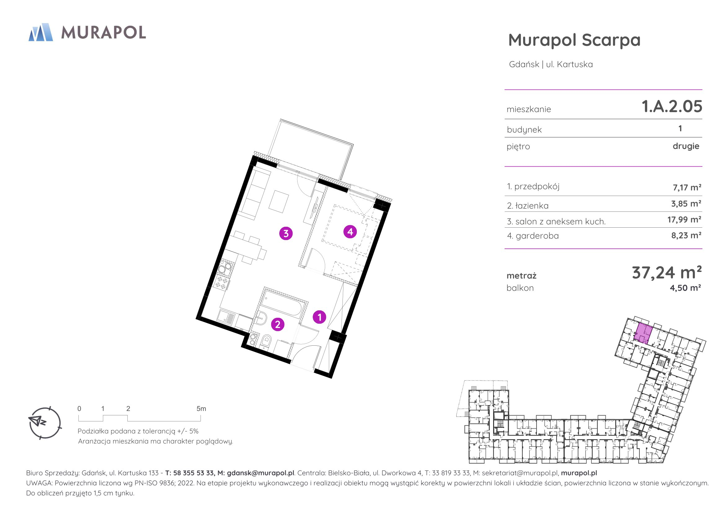 Mieszkanie 37,24 m², piętro 2, oferta nr 1.A.2.05, Murapol Scarpa, Gdańsk, Siedlce, ul. Kartuska-idx