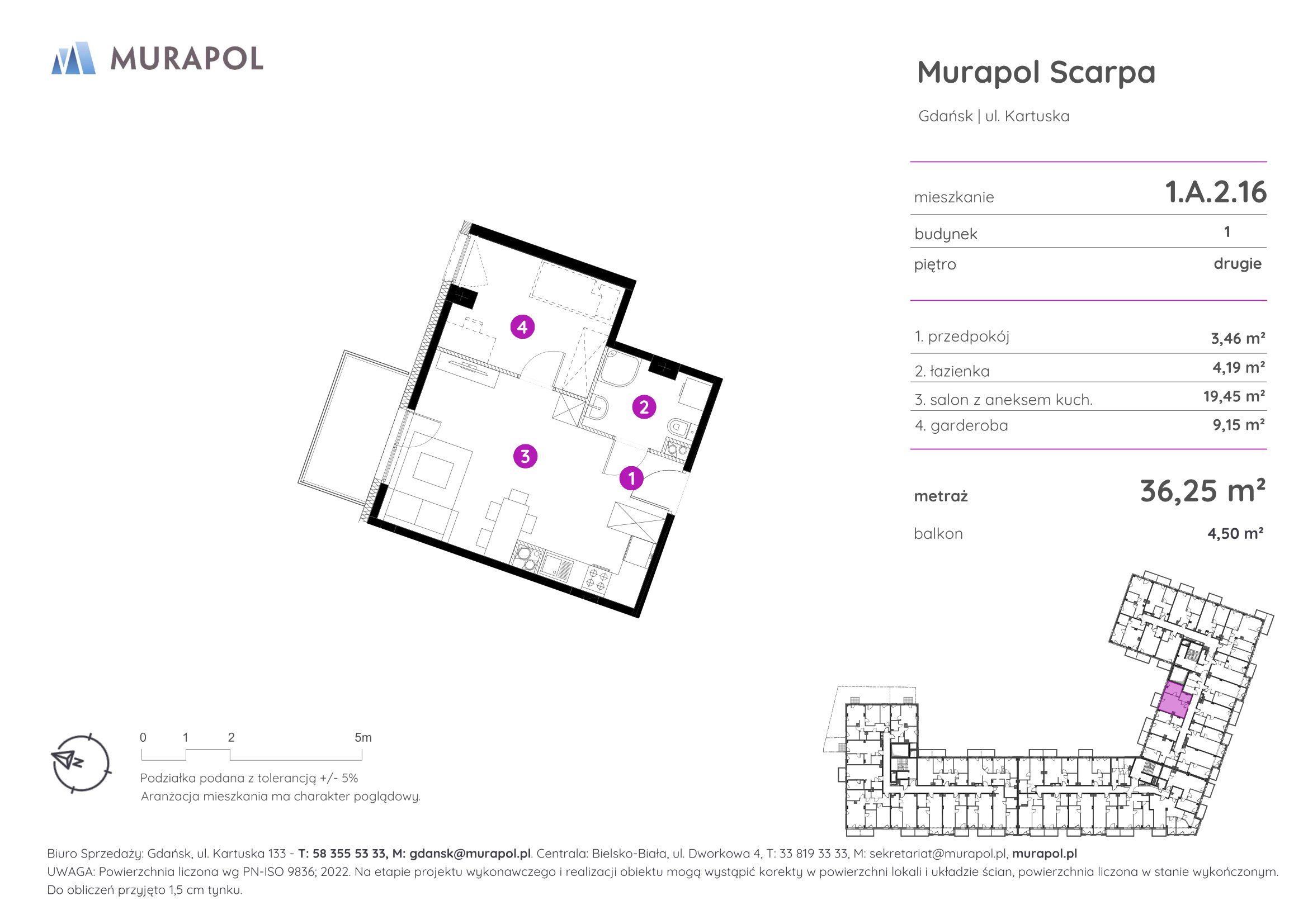 Mieszkanie 36,25 m², piętro 2, oferta nr 1.A.2.16, Murapol Scarpa, Gdańsk, Siedlce, ul. Kartuska-idx