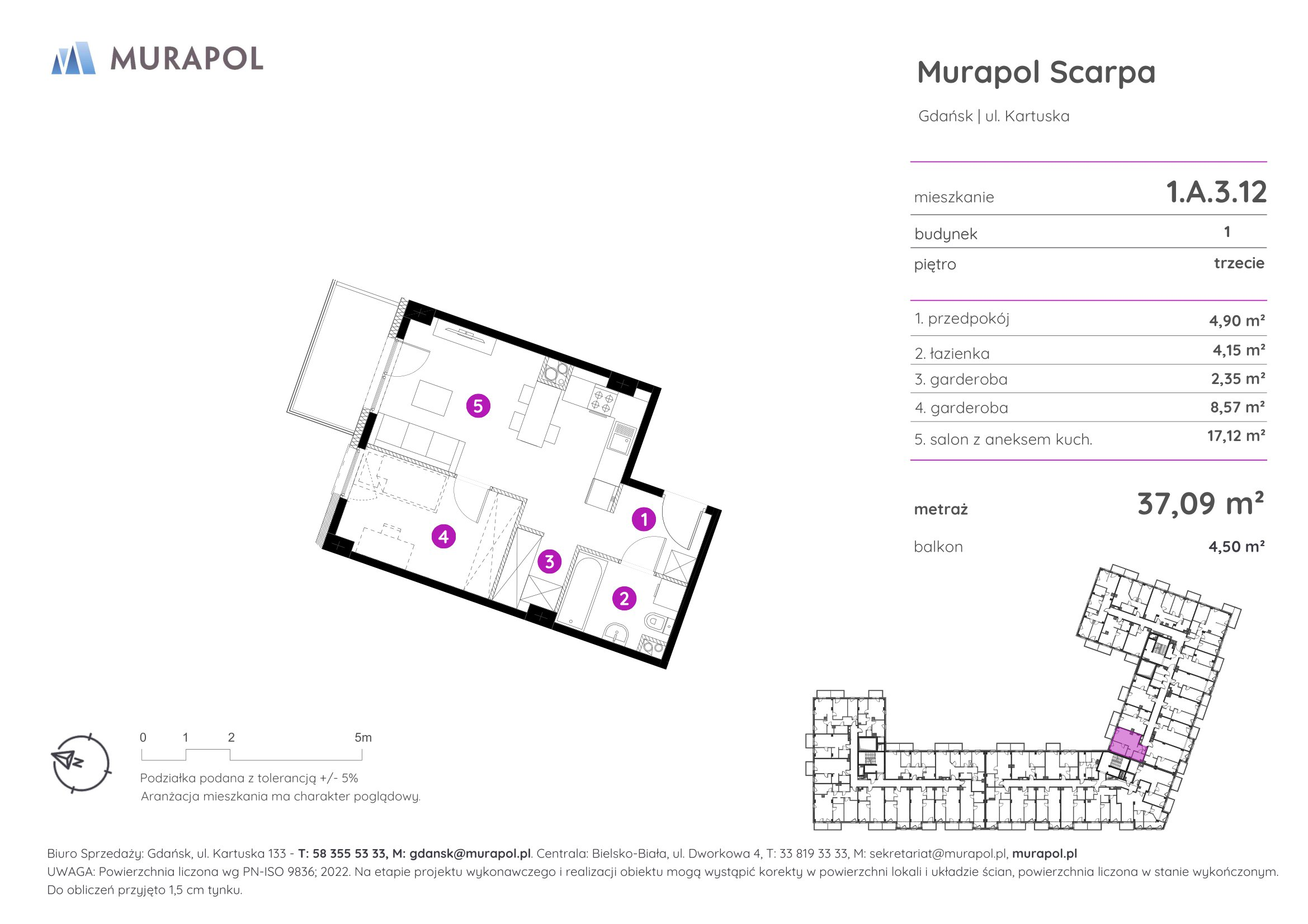 Mieszkanie 37,09 m², piętro 3, oferta nr 1.A.3.12, Murapol Scarpa, Gdańsk, Siedlce, ul. Kartuska-idx