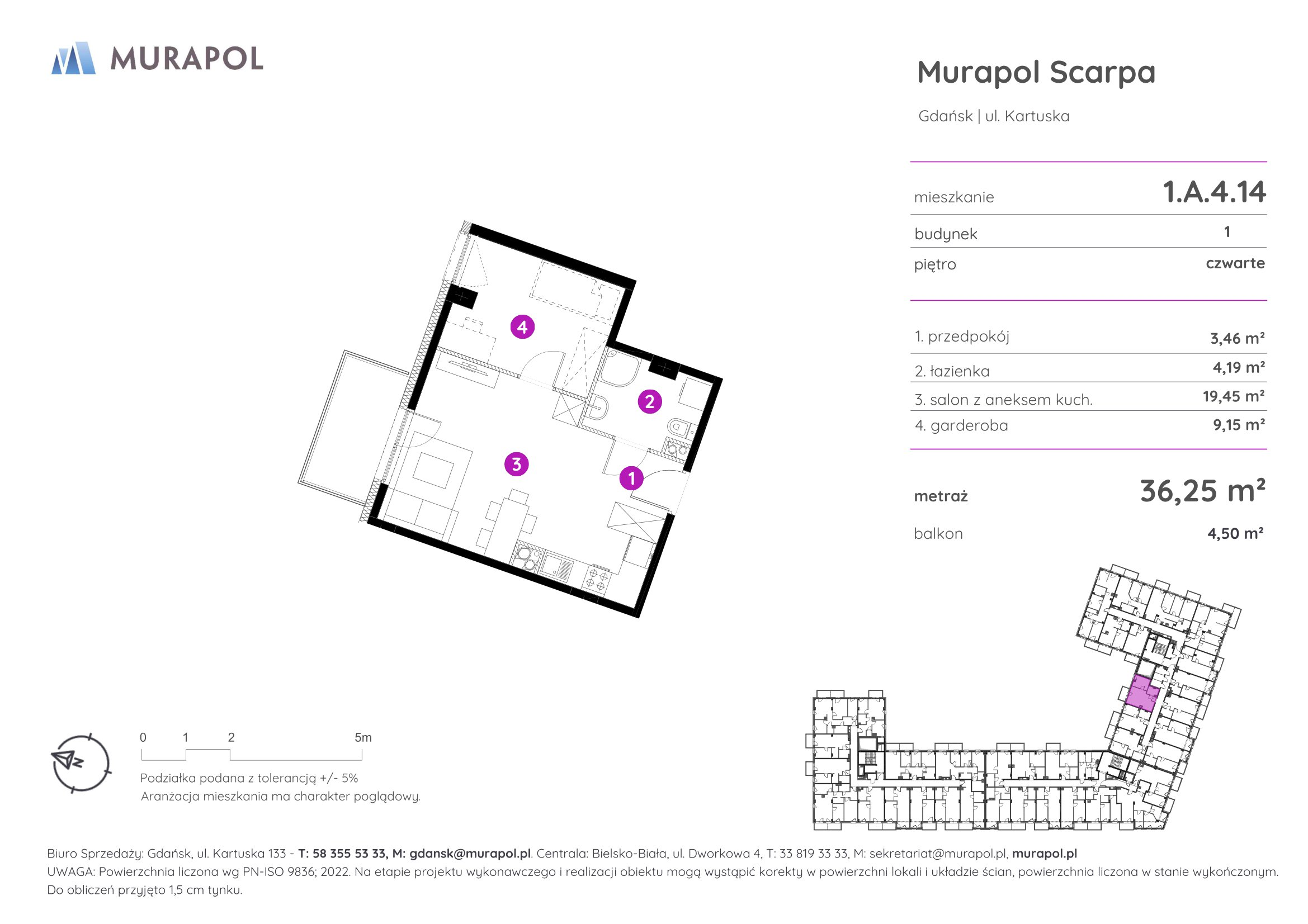 Mieszkanie 36,25 m², piętro 4, oferta nr 1.A.4.14, Murapol Scarpa, Gdańsk, Siedlce, ul. Kartuska-idx