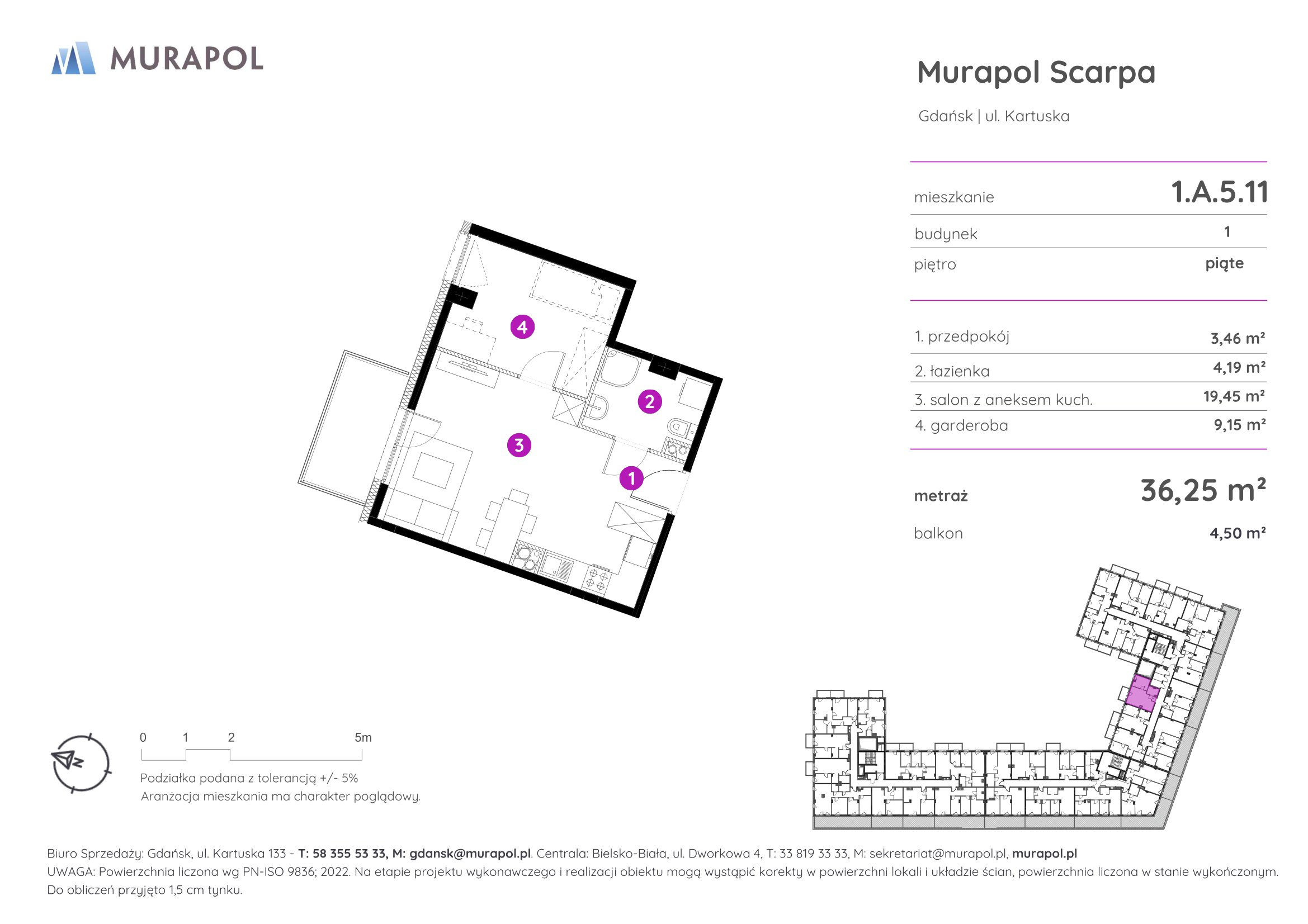 Mieszkanie 36,25 m², piętro 5, oferta nr 1.A.5.11, Murapol Scarpa, Gdańsk, Siedlce, ul. Kartuska-idx