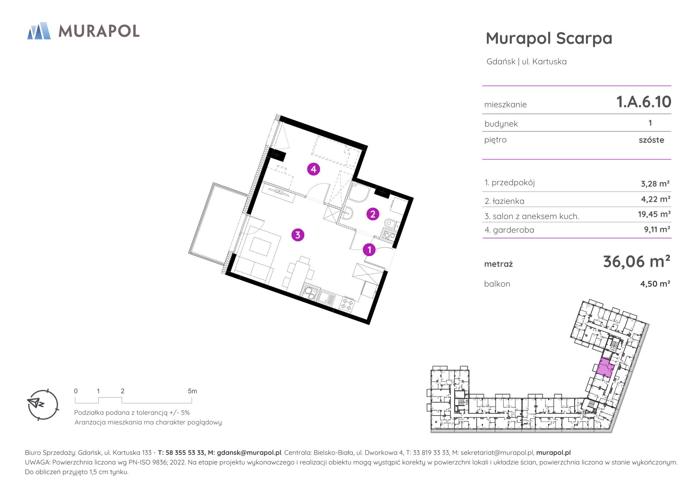 Mieszkanie 36,06 m², piętro 6, oferta nr 1.A.6.10, Murapol Scarpa, Gdańsk, Siedlce, ul. Kartuska-idx