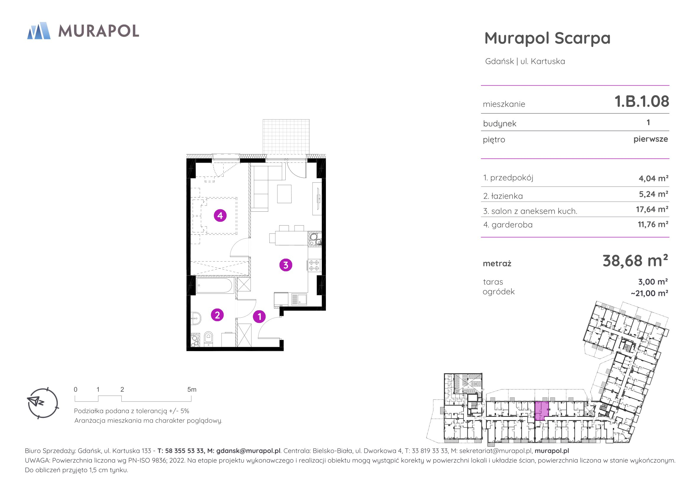 Mieszkanie 38,68 m², piętro 1, oferta nr 1.B.1.08, Murapol Scarpa, Gdańsk, Siedlce, ul. Kartuska-idx