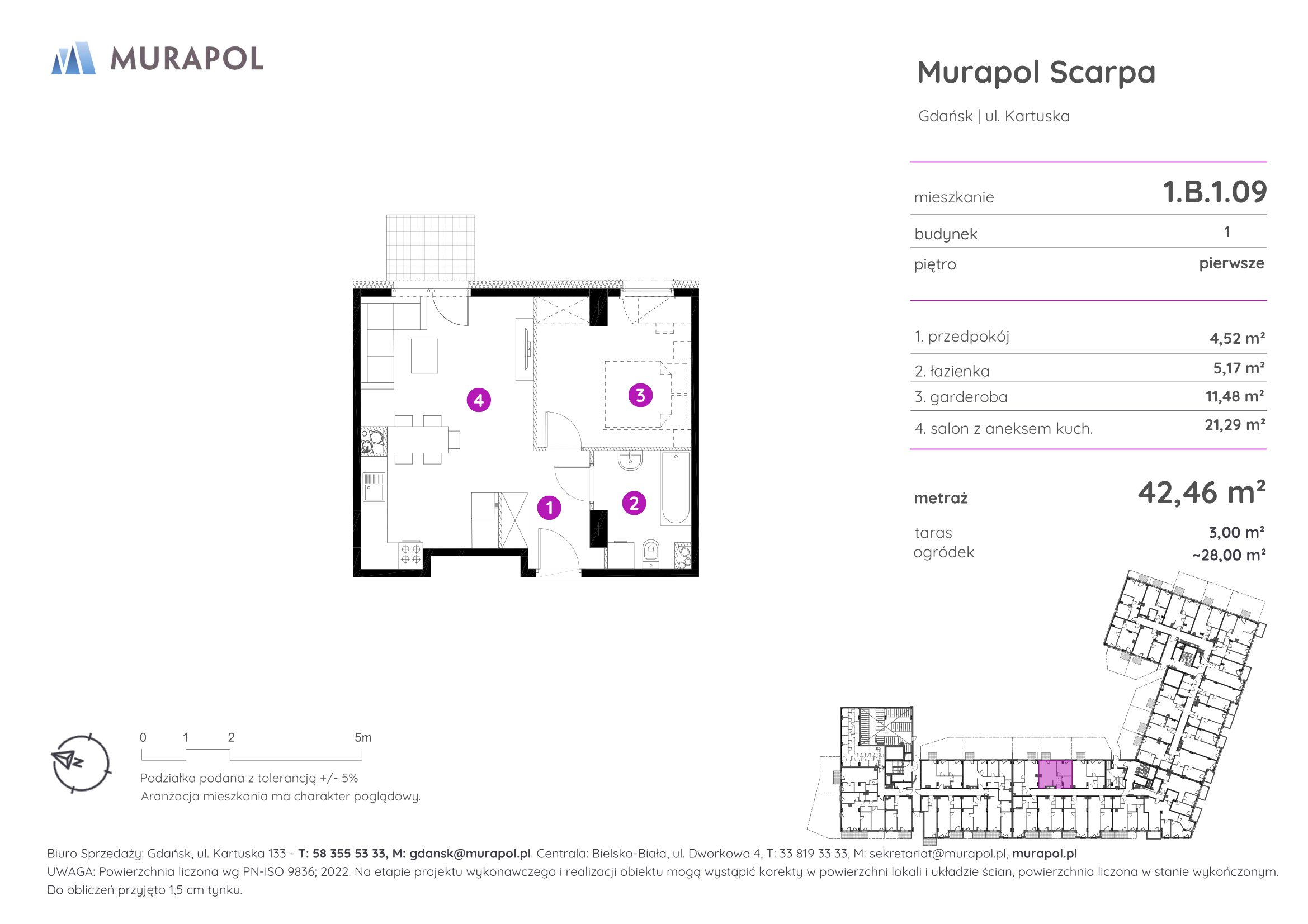 Mieszkanie 42,46 m², piętro 1, oferta nr 1.B.1.09, Murapol Scarpa, Gdańsk, Siedlce, ul. Kartuska-idx