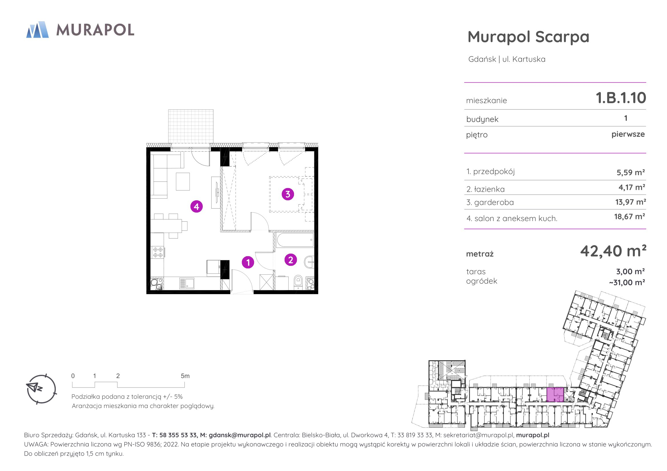 Mieszkanie 42,40 m², piętro 1, oferta nr 1.B.1.10, Murapol Scarpa, Gdańsk, Siedlce, ul. Kartuska-idx