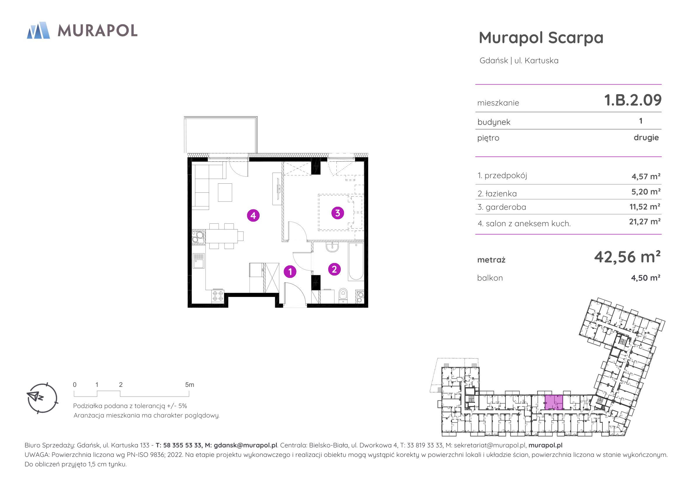 Mieszkanie 42,56 m², piętro 2, oferta nr 1.B.2.09, Murapol Scarpa, Gdańsk, Siedlce, ul. Kartuska-idx