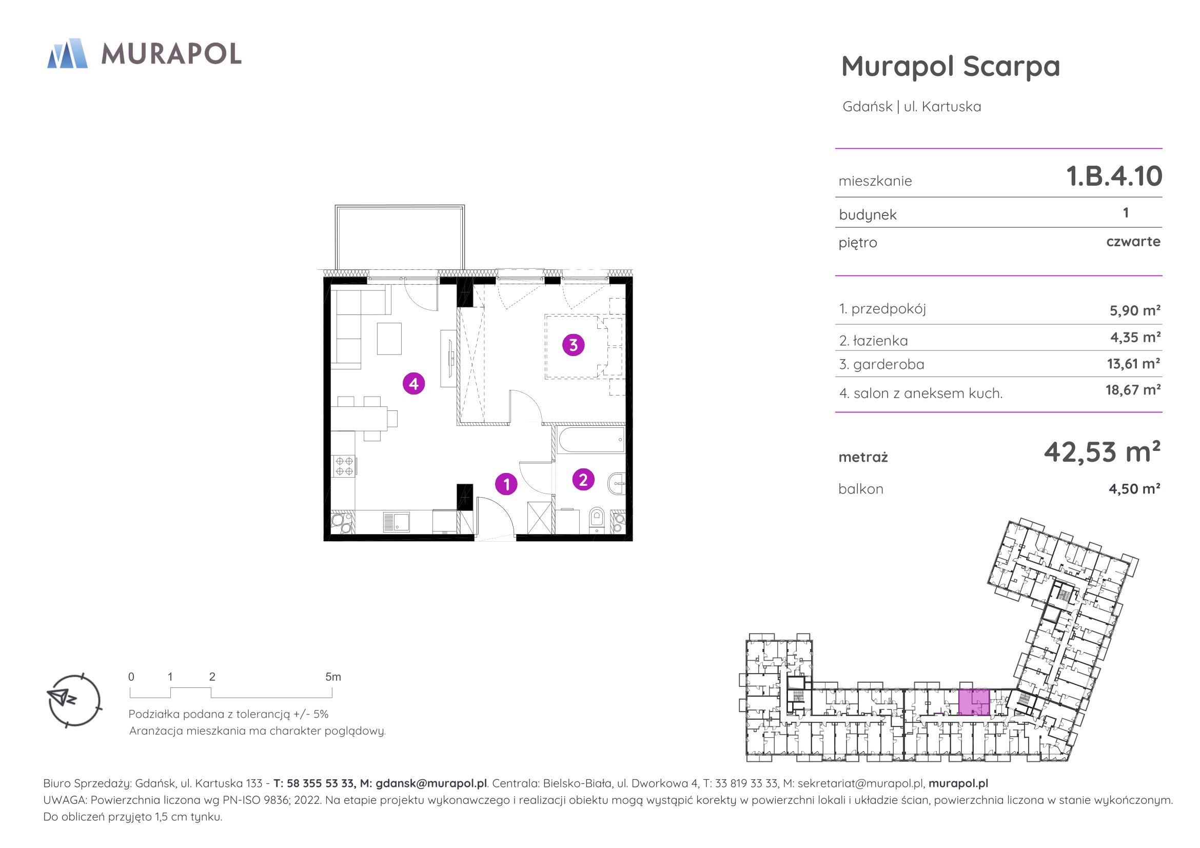 Mieszkanie 42,53 m², piętro 4, oferta nr 1.B.4.10, Murapol Scarpa, Gdańsk, Siedlce, ul. Kartuska-idx