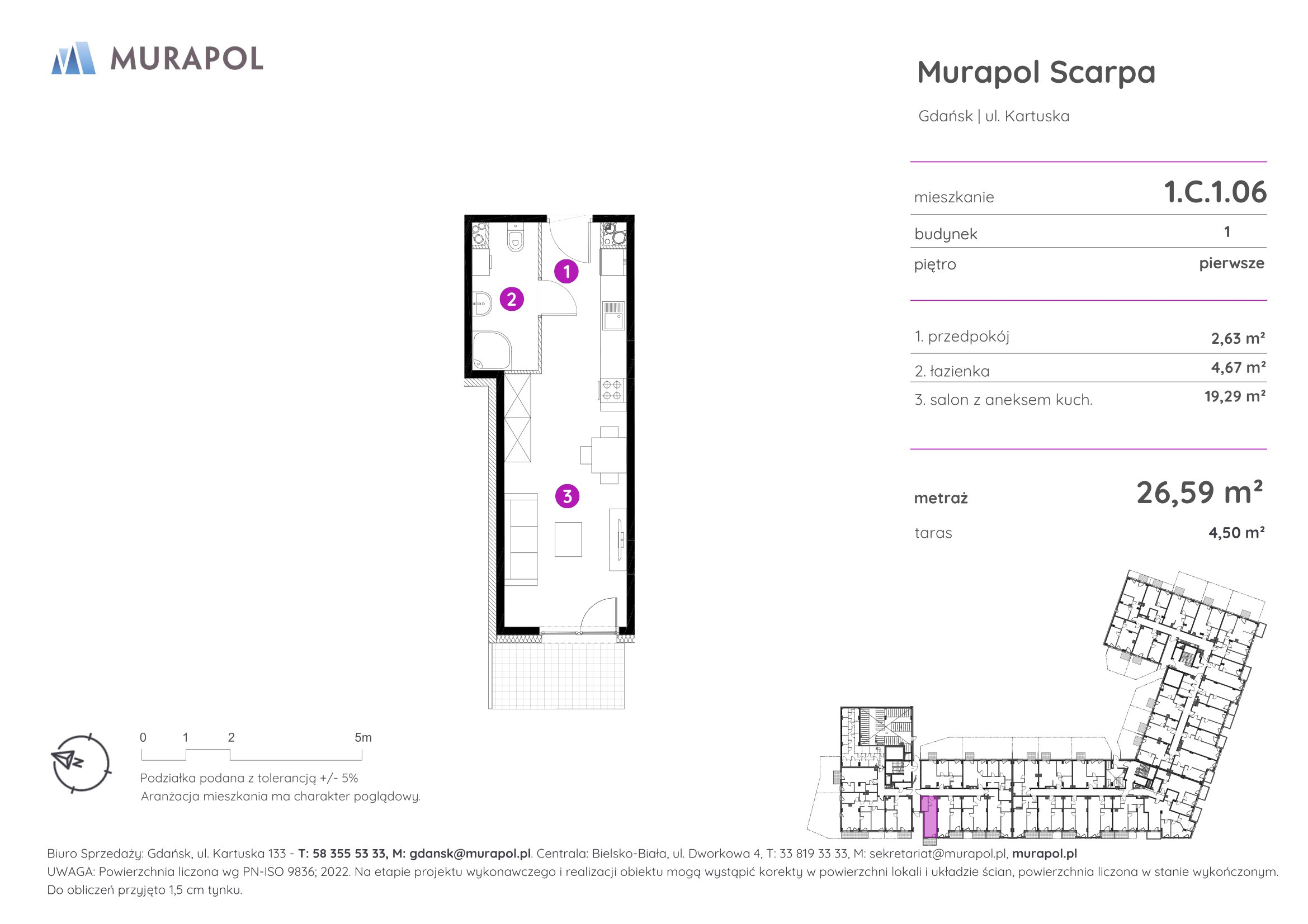 Mieszkanie 26,59 m², piętro 1, oferta nr 1.C.1.06, Murapol Scarpa, Gdańsk, Siedlce, ul. Kartuska-idx