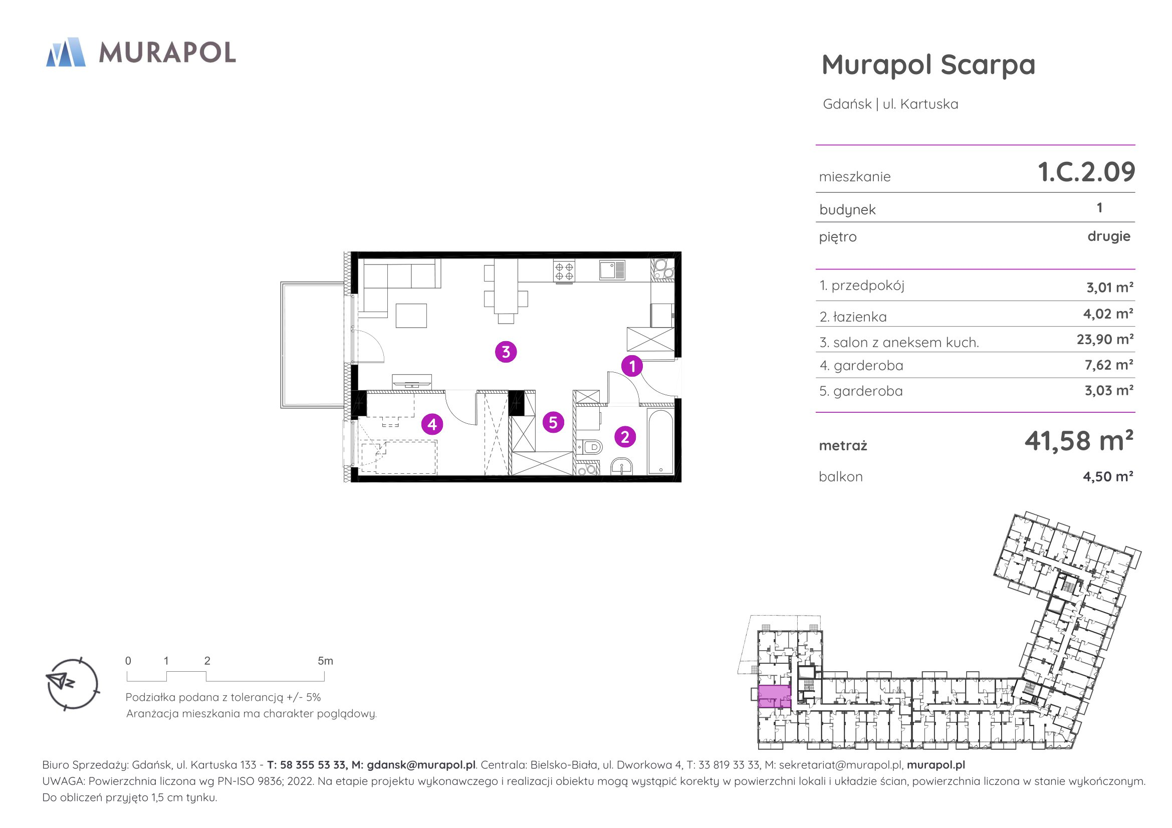 Mieszkanie 41,58 m², piętro 2, oferta nr 1.C.2.09, Murapol Scarpa, Gdańsk, Siedlce, ul. Kartuska-idx