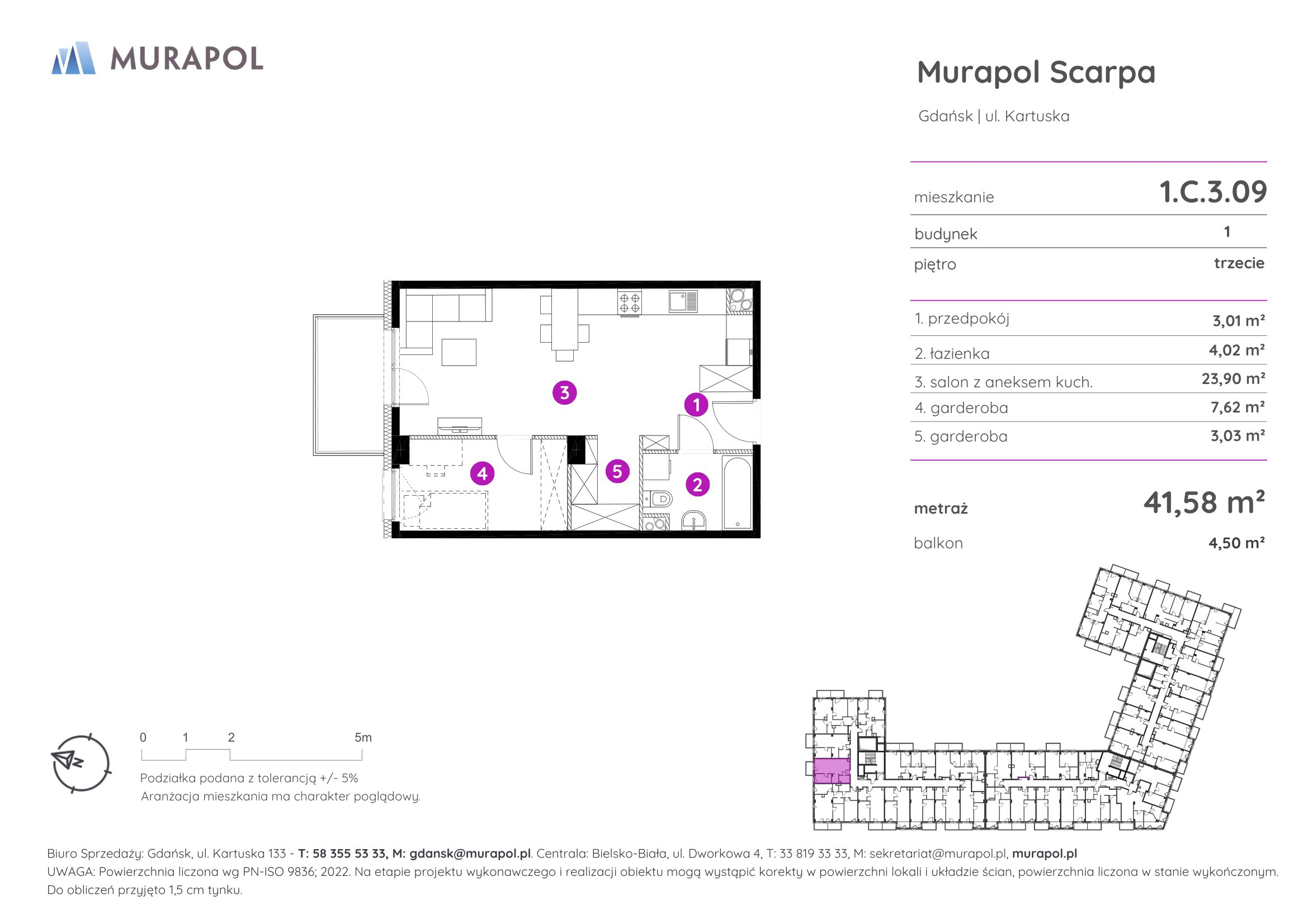 Mieszkanie 41,58 m², piętro 3, oferta nr 1.C.3.09, Murapol Scarpa, Gdańsk, Siedlce, ul. Kartuska-idx