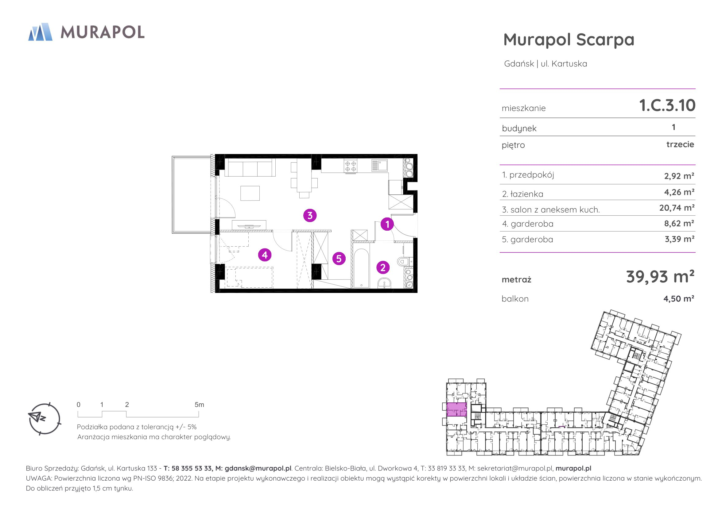 Mieszkanie 39,93 m², piętro 3, oferta nr 1.C.3.10, Murapol Scarpa, Gdańsk, Siedlce, ul. Kartuska-idx