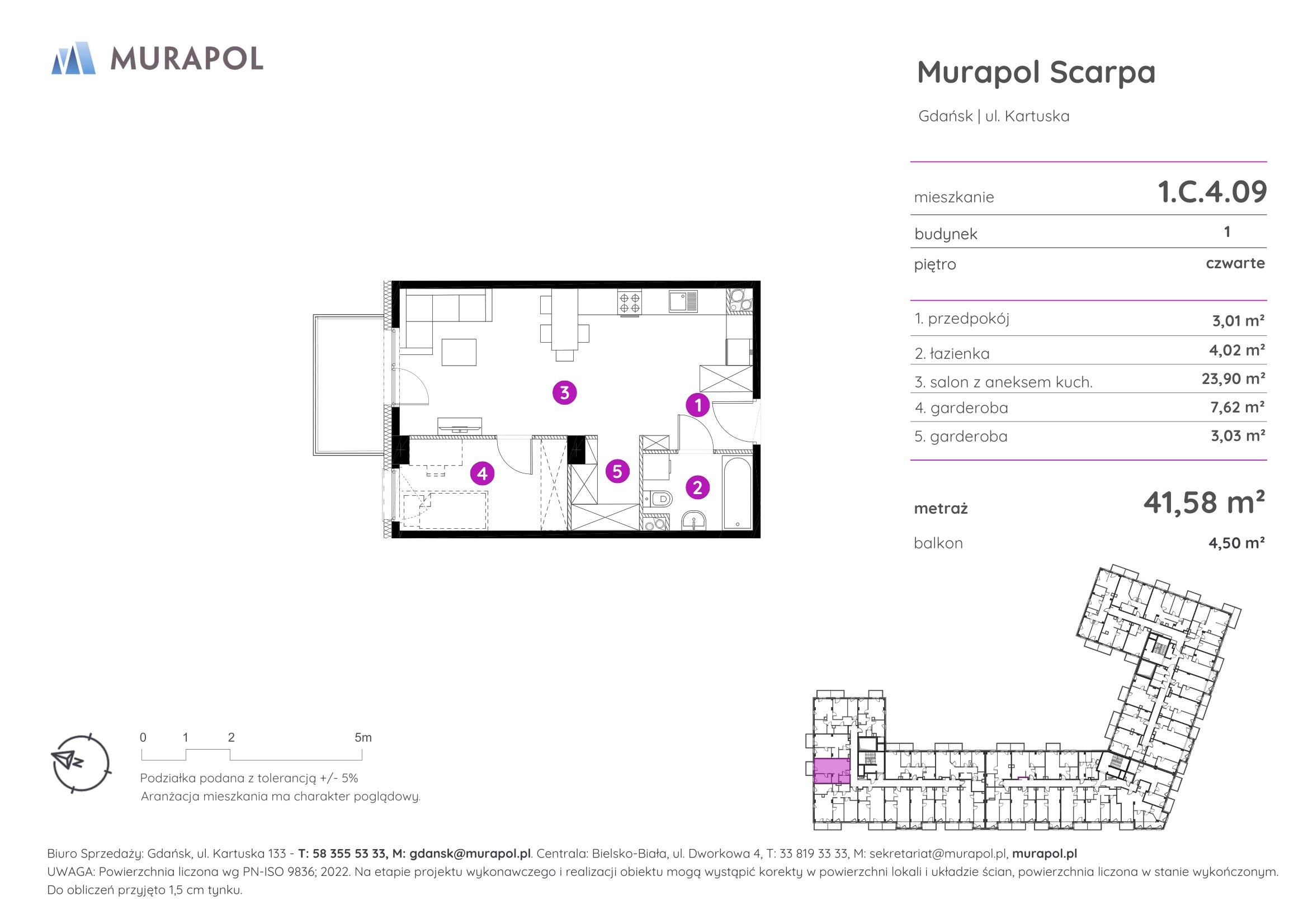 Mieszkanie 41,58 m², piętro 4, oferta nr 1.C.4.09, Murapol Scarpa, Gdańsk, Siedlce, ul. Kartuska-idx