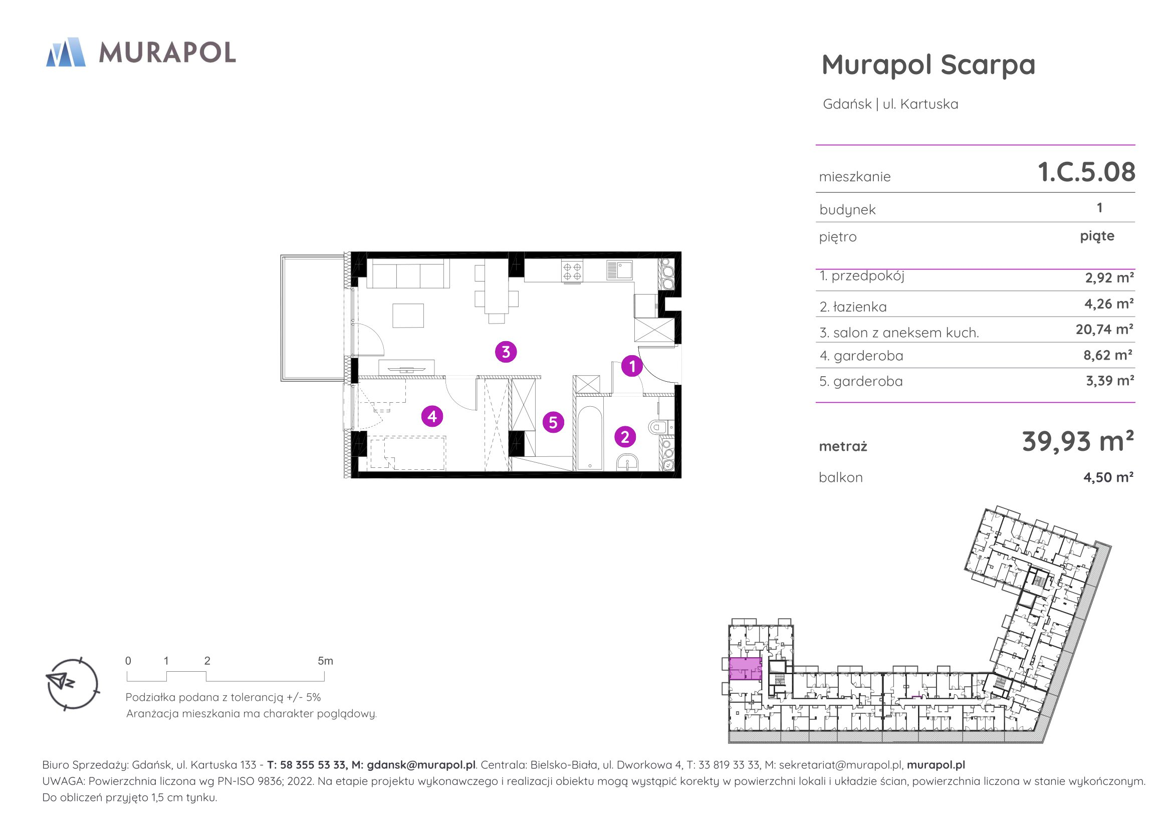 Mieszkanie 39,93 m², piętro 5, oferta nr 1.C.5.08, Murapol Scarpa, Gdańsk, Siedlce, ul. Kartuska-idx