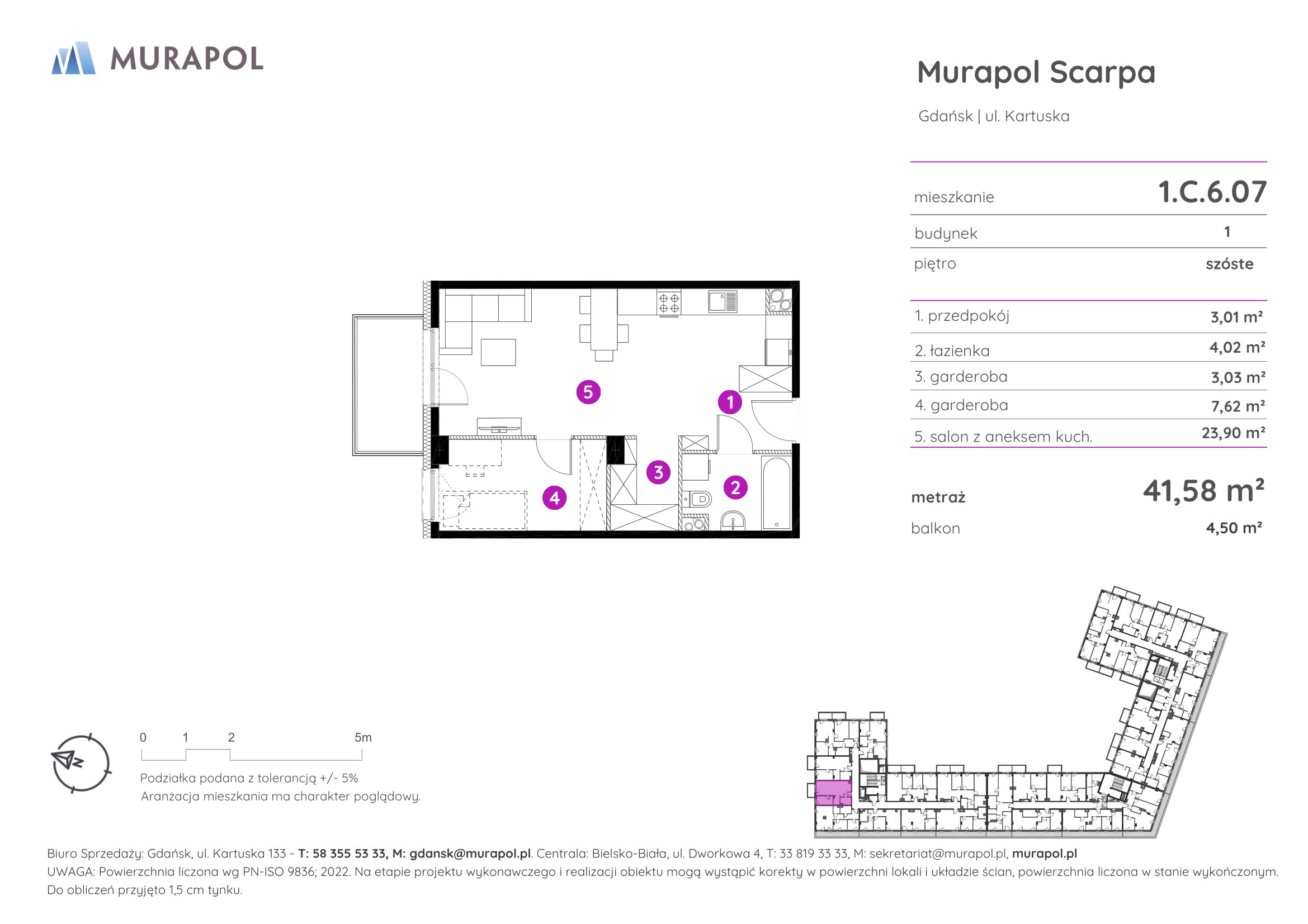 Mieszkanie 41,58 m², piętro 6, oferta nr 1.C.6.07, Murapol Scarpa, Gdańsk, Siedlce, ul. Kartuska-idx