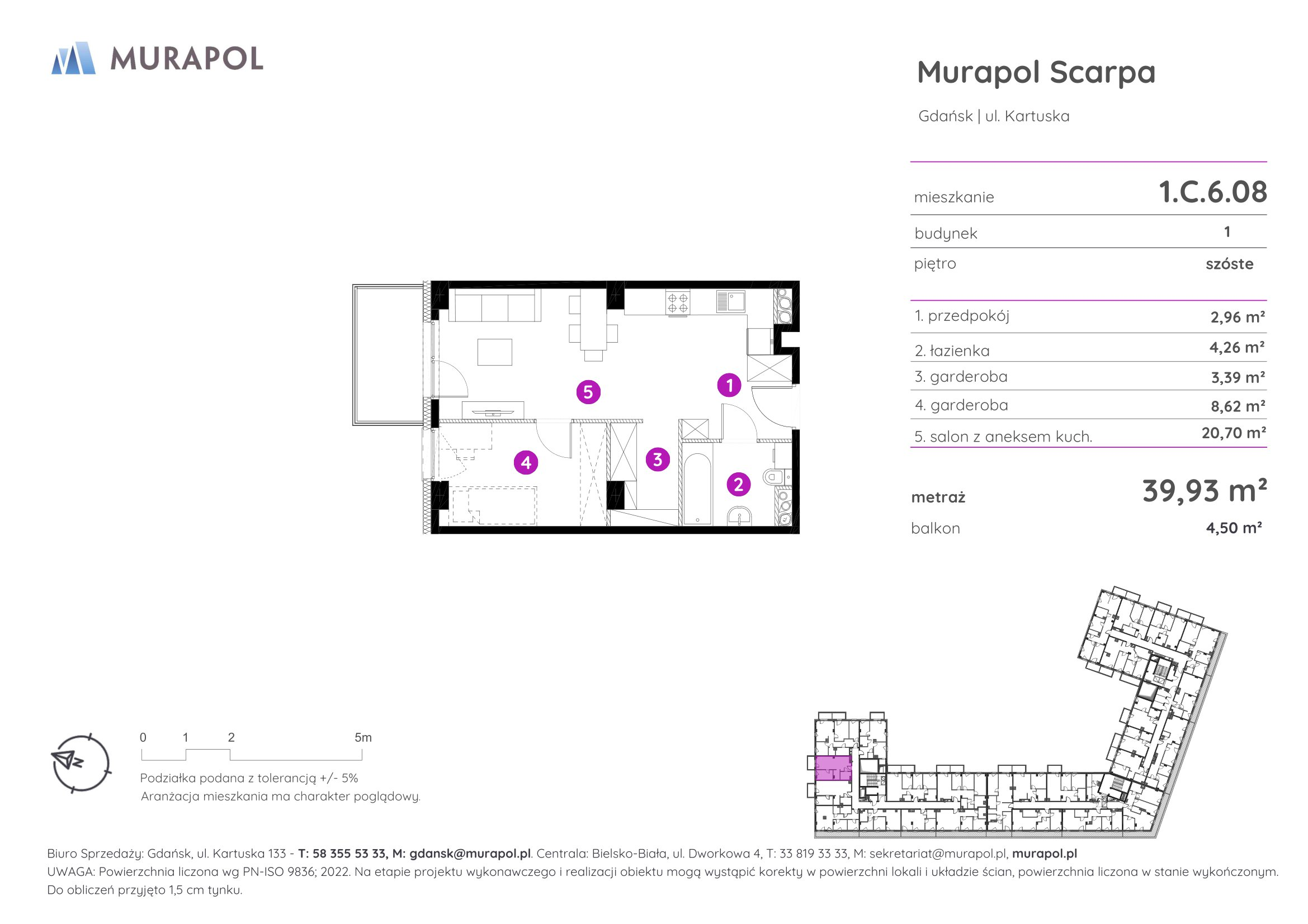 Mieszkanie 39,93 m², piętro 6, oferta nr 1.C.6.08, Murapol Scarpa, Gdańsk, Siedlce, ul. Kartuska-idx