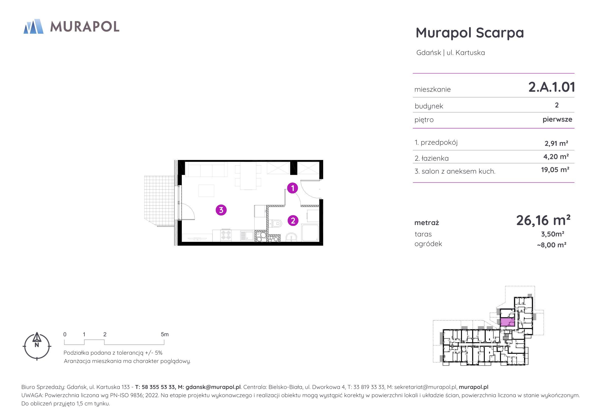 Mieszkanie 26,16 m², piętro 1, oferta nr 2.A.1.01, Murapol Scarpa, Gdańsk, Siedlce, ul. Kartuska-idx