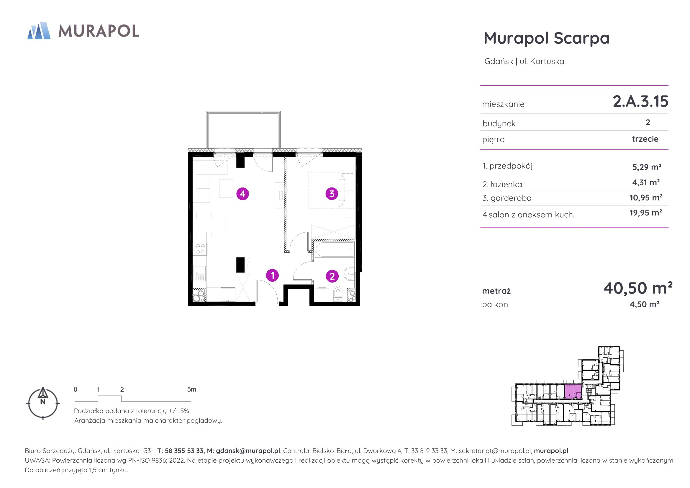 Mieszkanie 40,50 m², piętro 3, oferta nr 2.A.3.15, Murapol Scarpa, Gdańsk, Siedlce, ul. Kartuska-idx