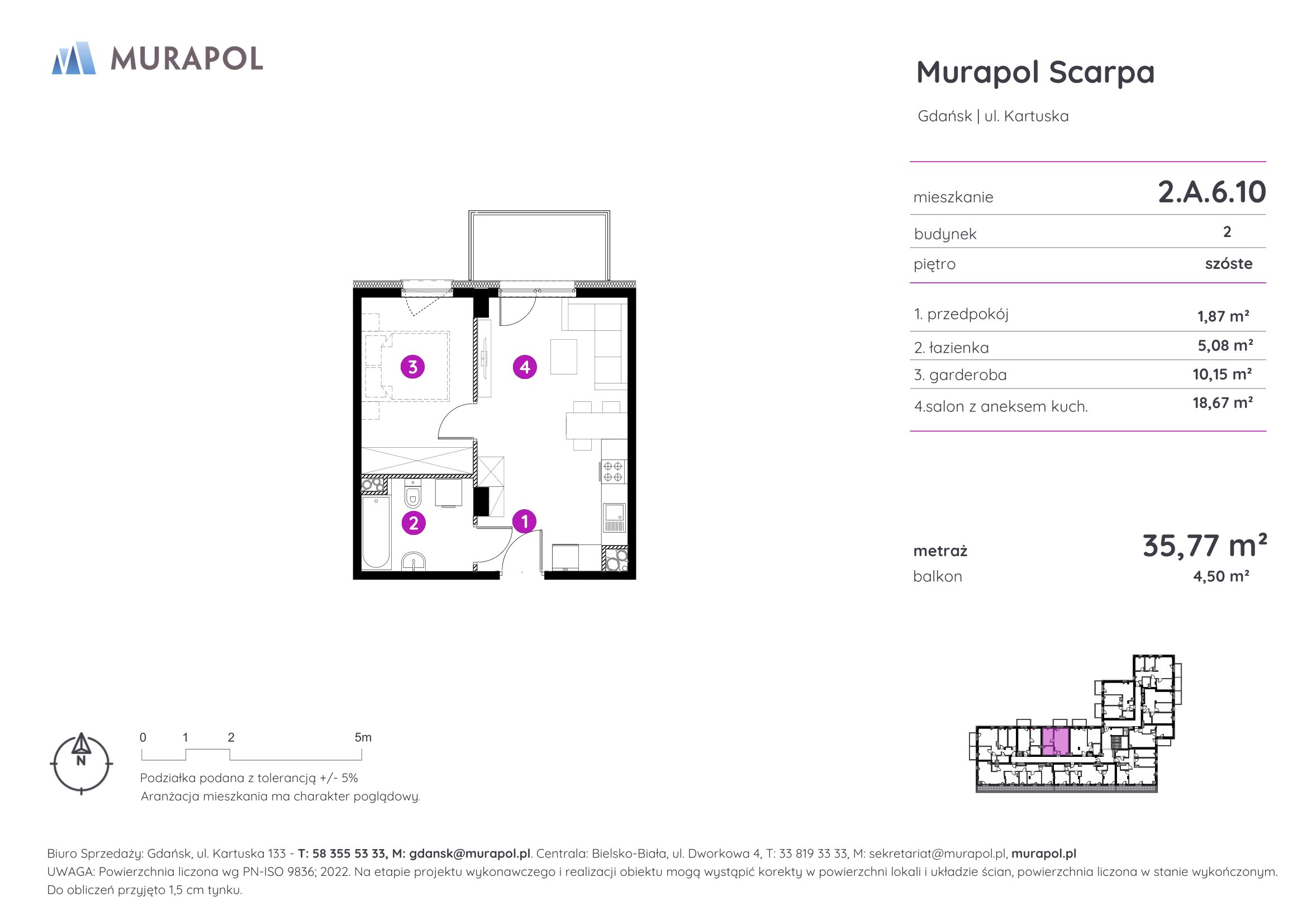 Mieszkanie 35,77 m², piętro 6, oferta nr 2.A.6.10, Murapol Scarpa, Gdańsk, Siedlce, ul. Kartuska-idx