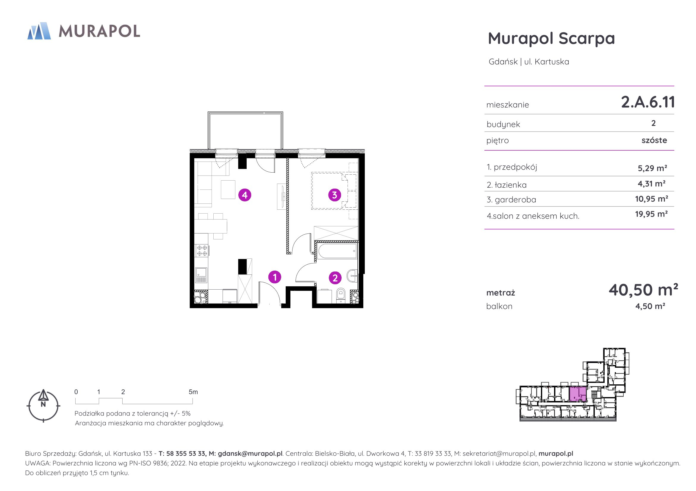 Mieszkanie 40,50 m², piętro 6, oferta nr 2.A.6.11, Murapol Scarpa, Gdańsk, Siedlce, ul. Kartuska-idx