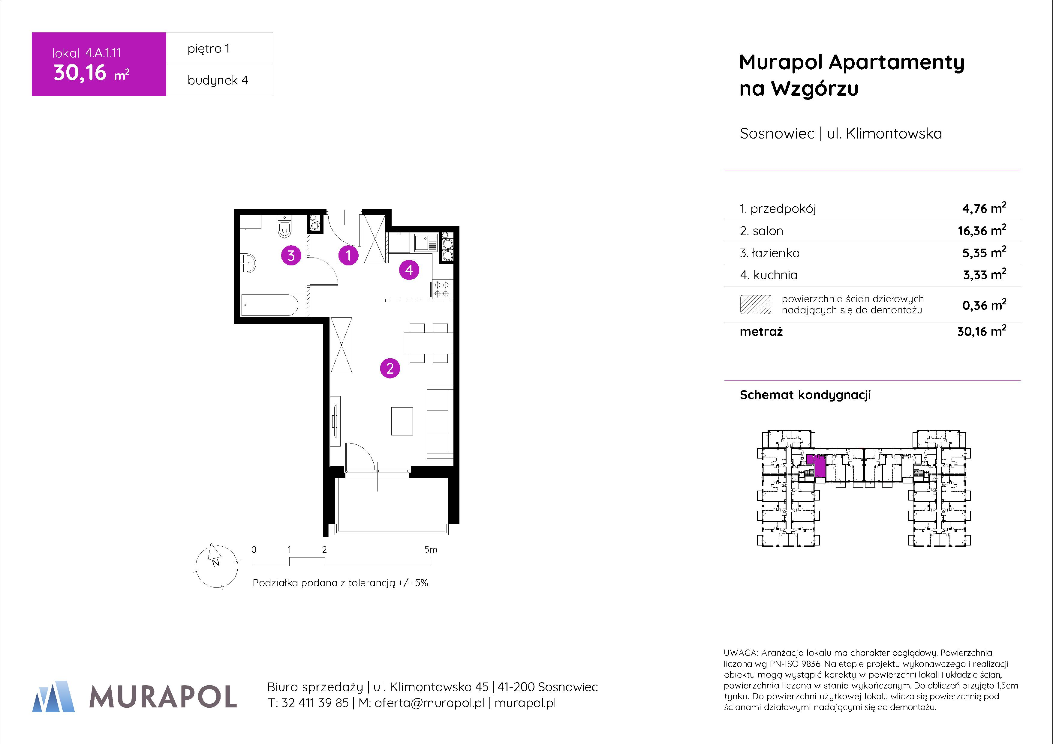 Mieszkanie 30,16 m², piętro 1, oferta nr 4.A.1.11, Murapol Apartamenty Na Wzgórzu, Sosnowiec, Klimontów, ul. Klimontowska 45-idx