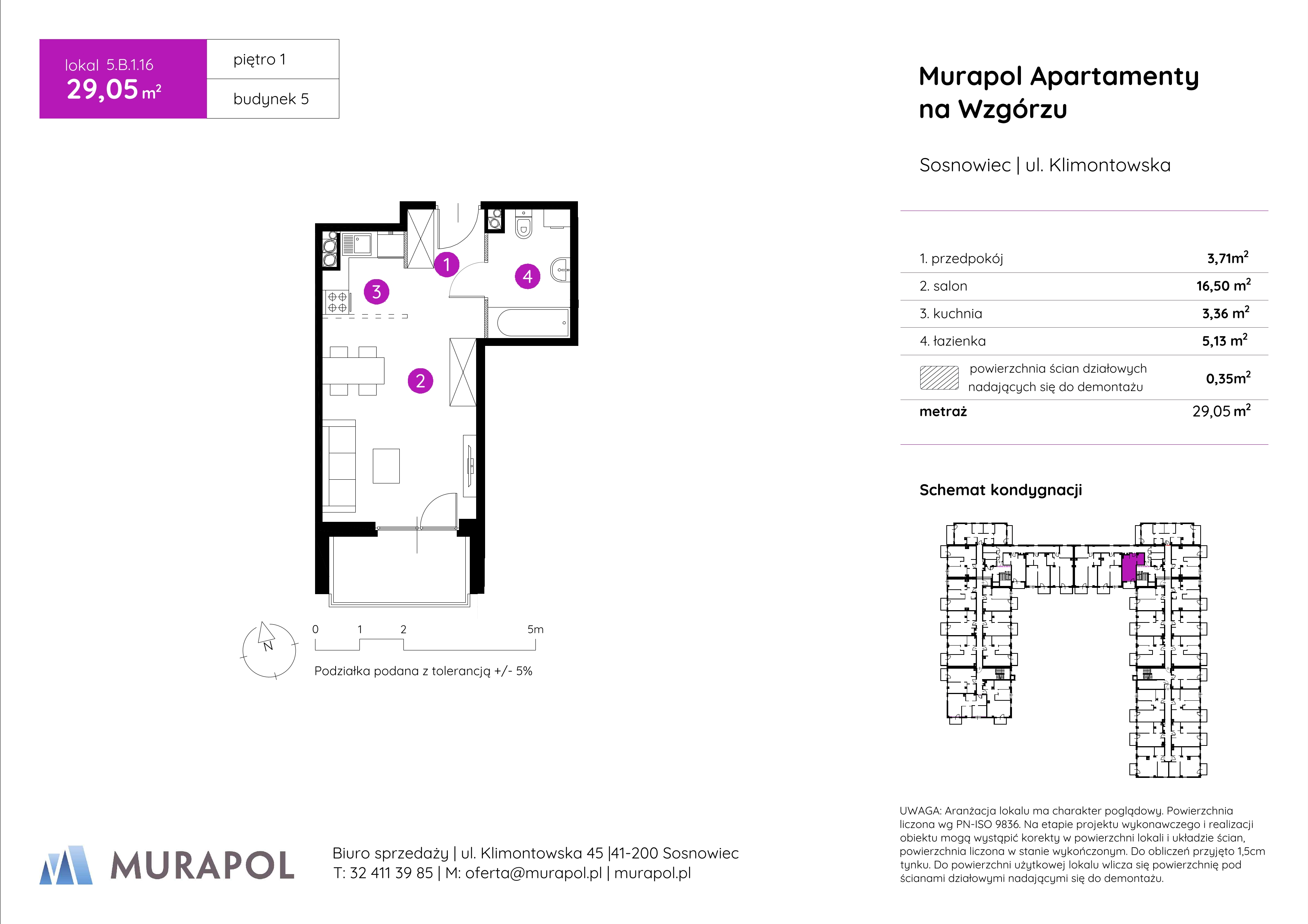 Mieszkanie 29,05 m², piętro 1, oferta nr 5.B.1.16, Murapol Apartamenty Na Wzgórzu, Sosnowiec, Klimontów, ul. Klimontowska 45-idx