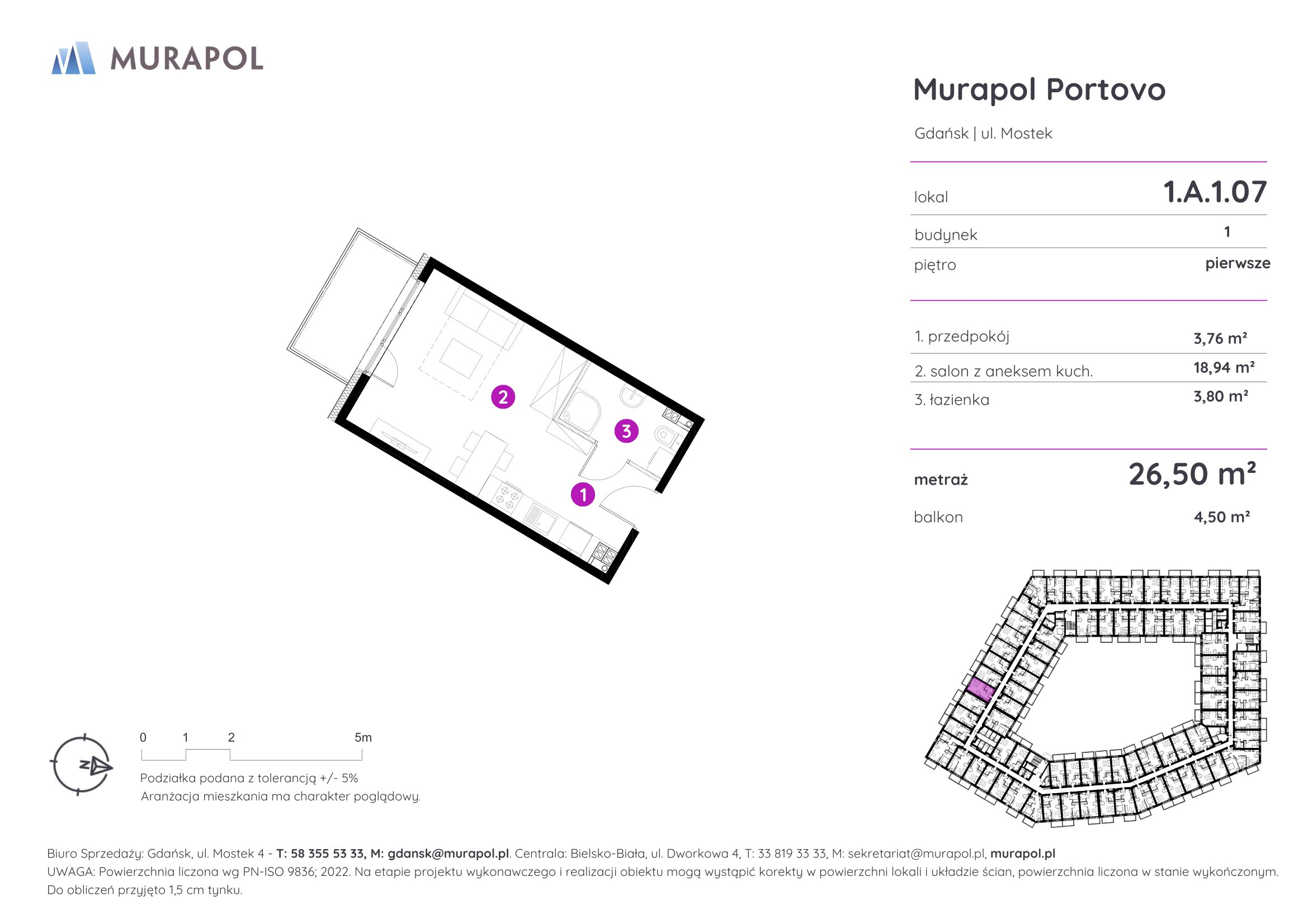 Mieszkanie 26,50 m², piętro 1, oferta nr 1.A.1.07, Murapol Portovo, Gdańsk, Śródmieście, ul. Mostek-idx