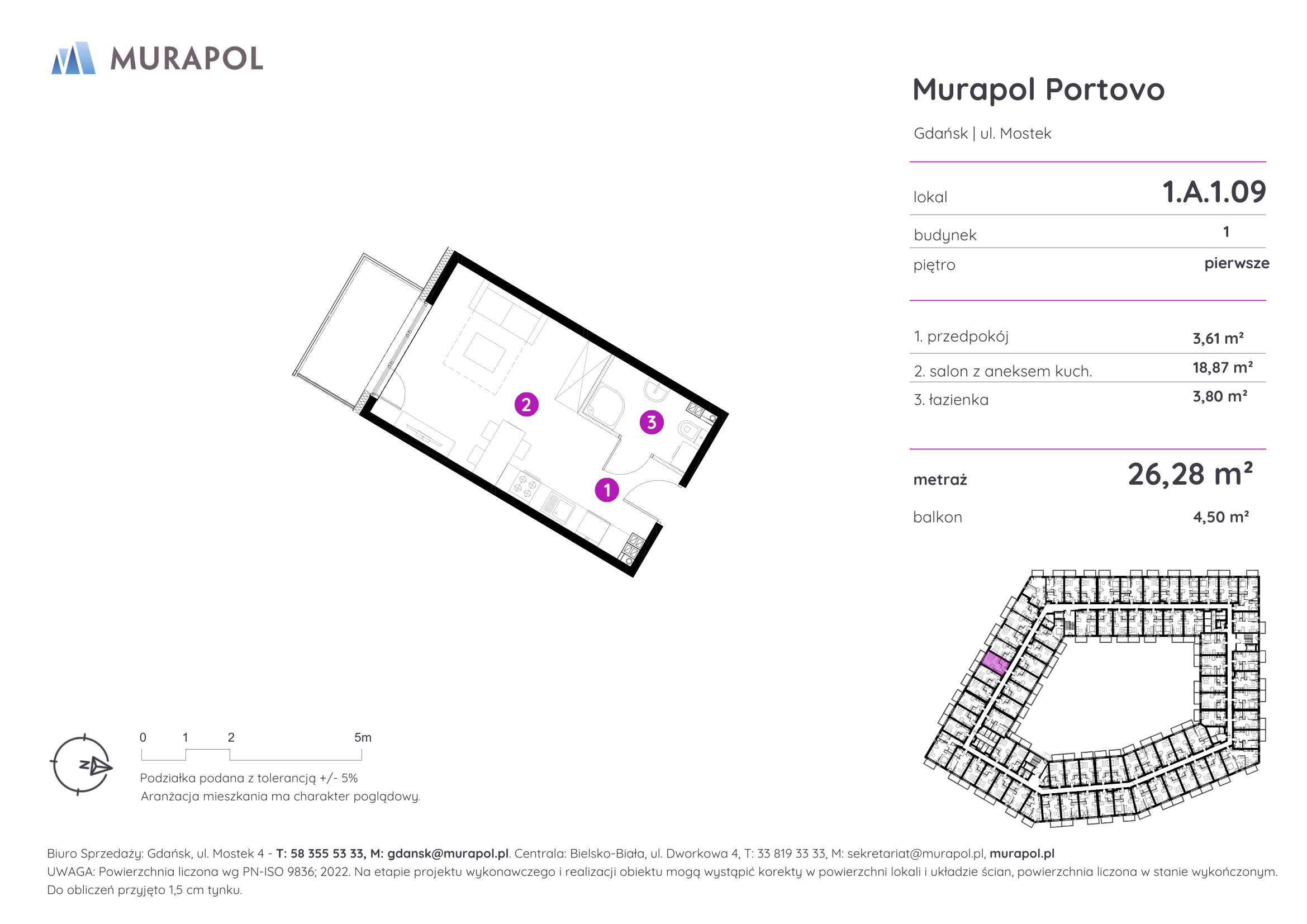 Mieszkanie 26,28 m², piętro 1, oferta nr 1.A.1.09, Murapol Portovo, Gdańsk, Śródmieście, ul. Mostek-idx