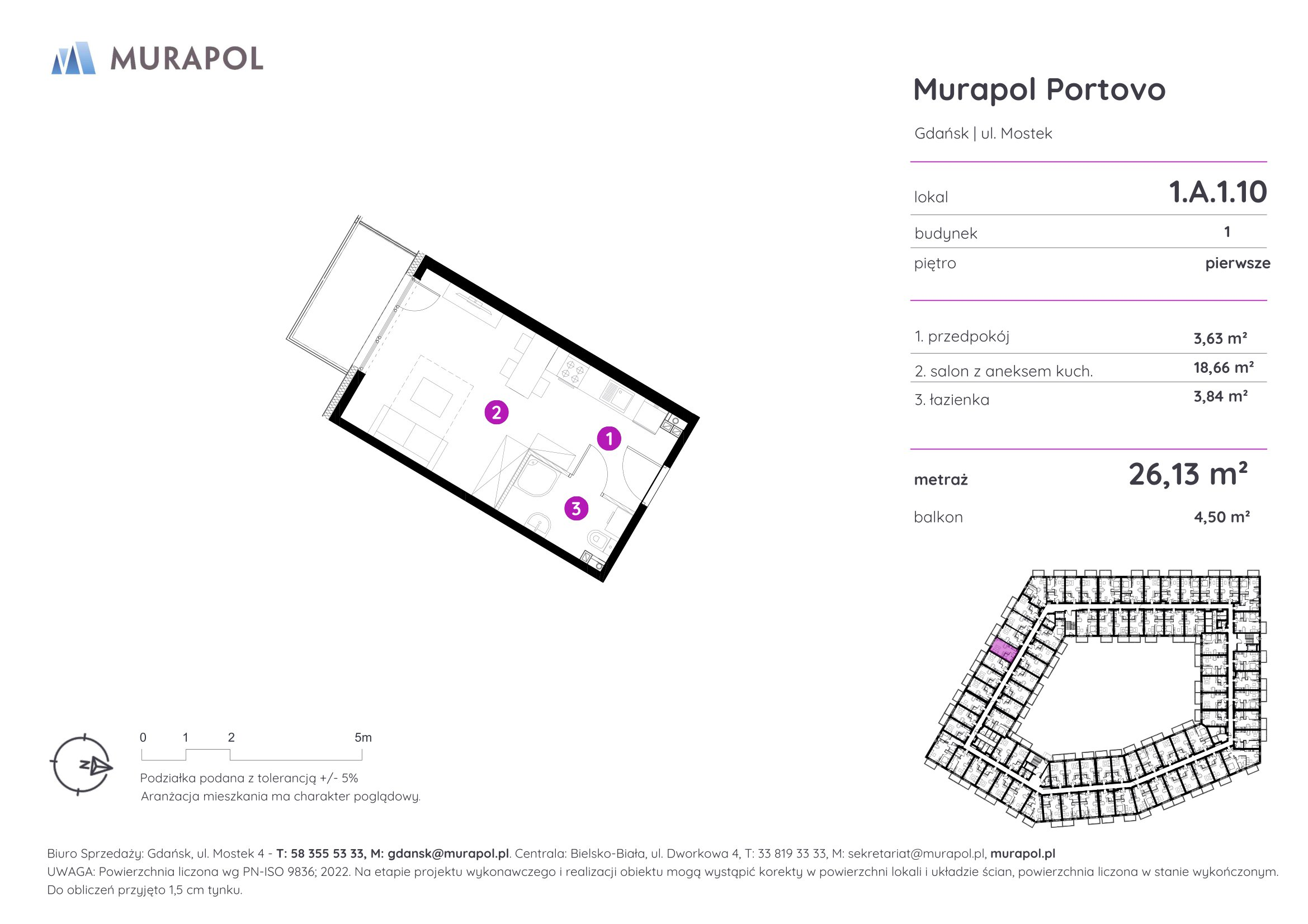 Mieszkanie 26,13 m², piętro 1, oferta nr 1.A.1.10, Murapol Portovo, Gdańsk, Śródmieście, ul. Mostek-idx