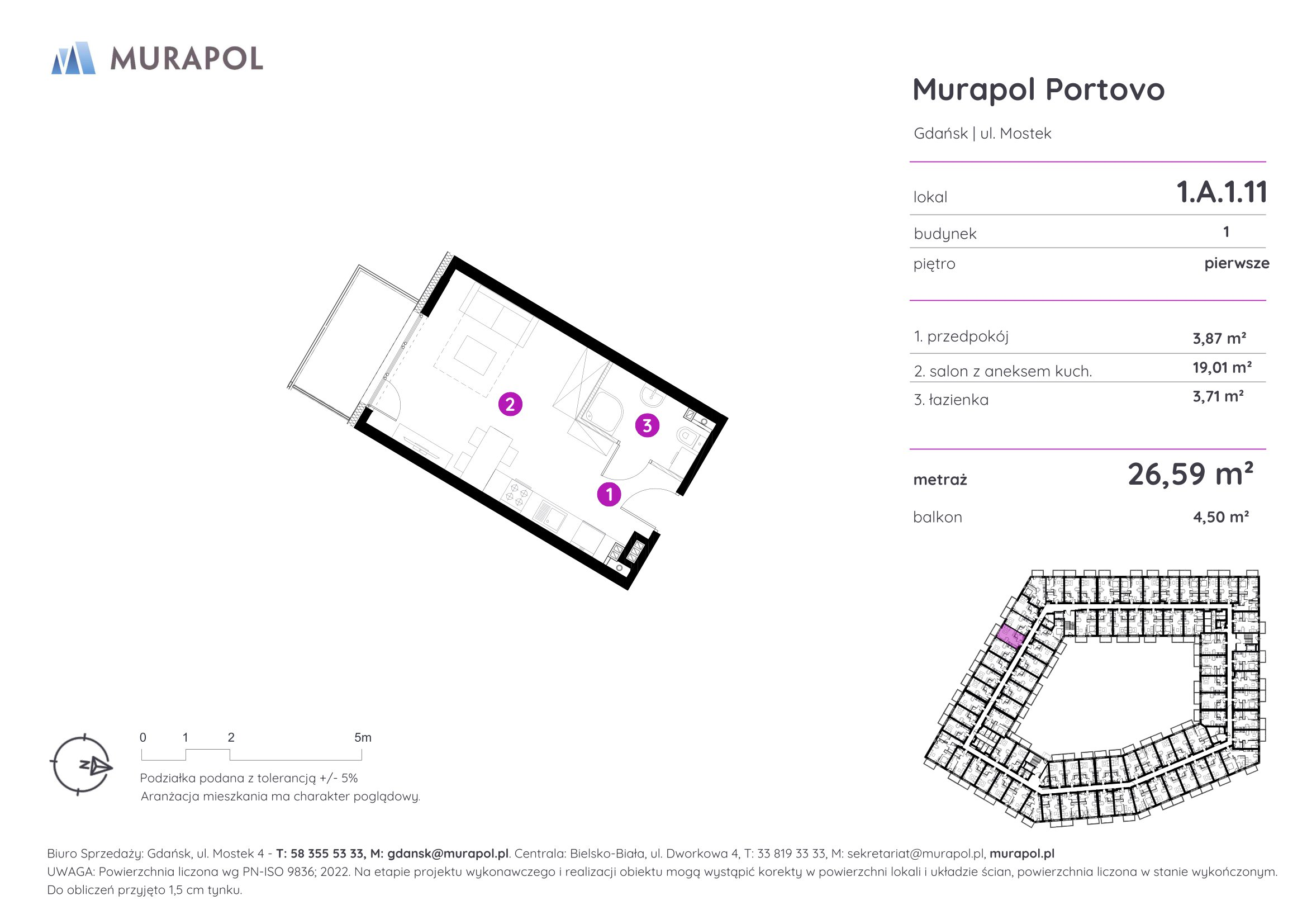 Mieszkanie 26,59 m², piętro 1, oferta nr 1.A.1.11, Murapol Portovo, Gdańsk, Śródmieście, ul. Mostek-idx