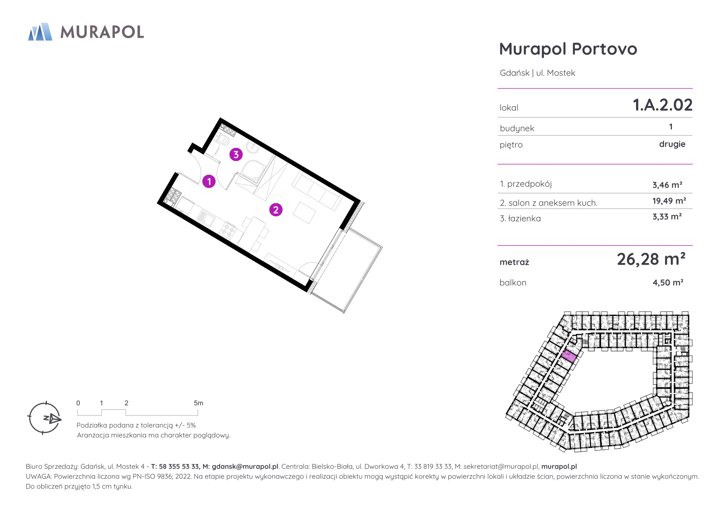 Mieszkanie 26,28 m², piętro 2, oferta nr 1.A.2.02, Murapol Portovo, Gdańsk, Śródmieście, ul. Mostek-idx