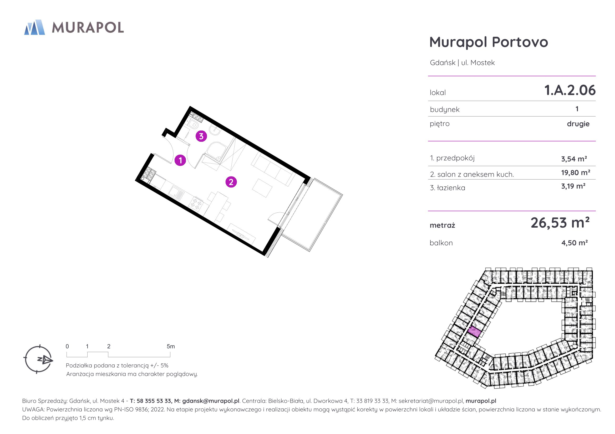 Mieszkanie 26,53 m², piętro 2, oferta nr 1.A.2.06, Murapol Portovo, Gdańsk, Śródmieście, ul. Mostek-idx