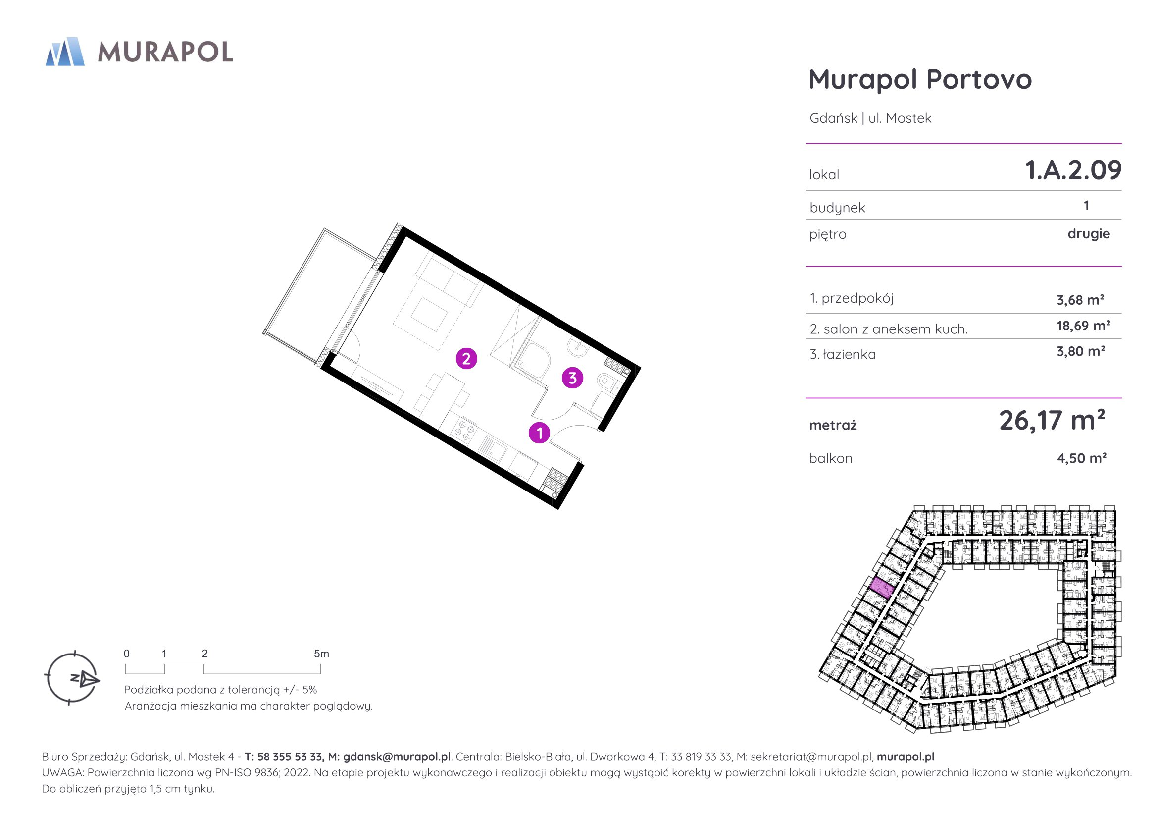 Mieszkanie 26,17 m², piętro 2, oferta nr 1.A.2.09, Murapol Portovo, Gdańsk, Śródmieście, ul. Mostek-idx