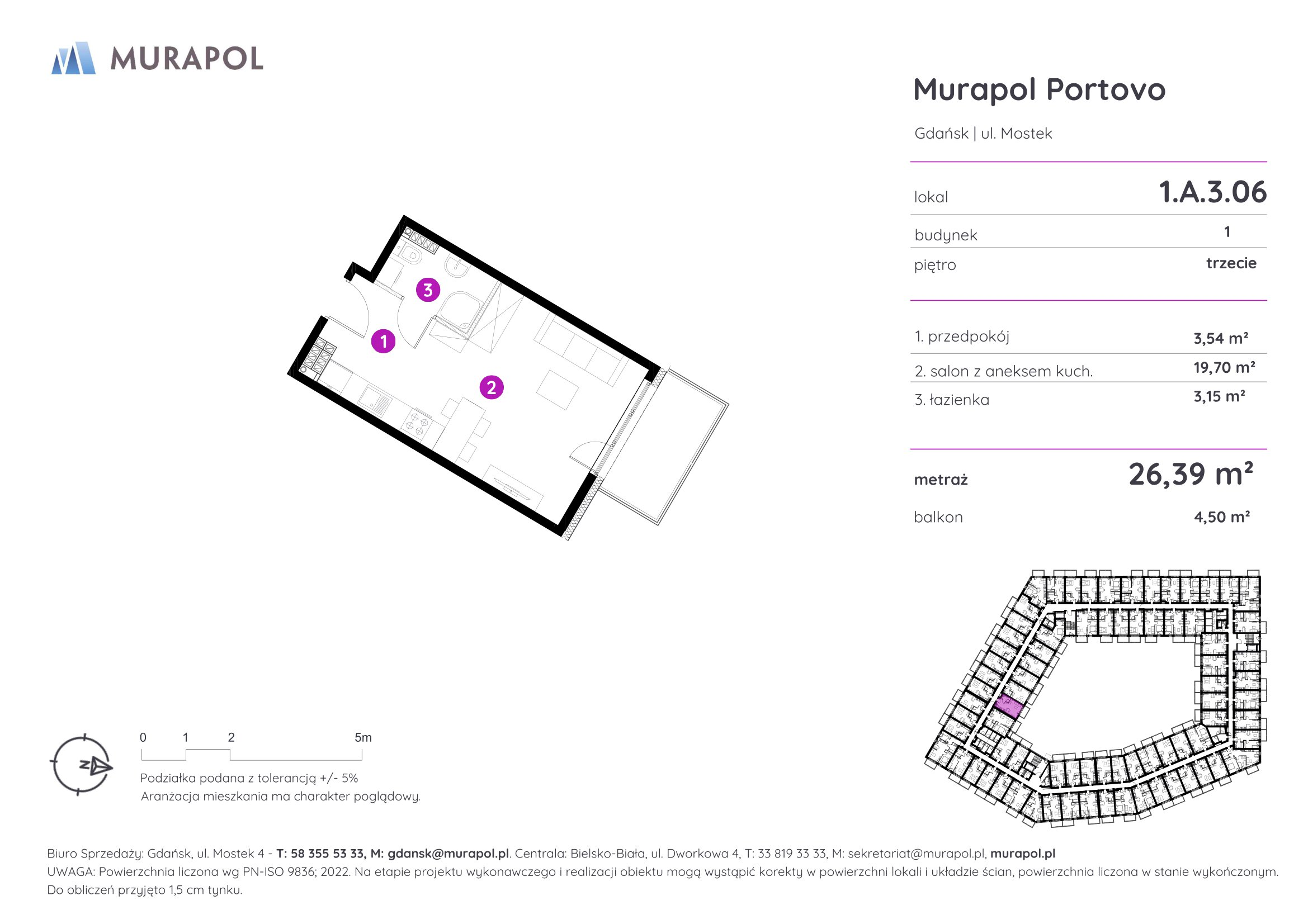 Mieszkanie 26,39 m², piętro 3, oferta nr 1.A.3.06, Murapol Portovo, Gdańsk, Śródmieście, ul. Mostek-idx