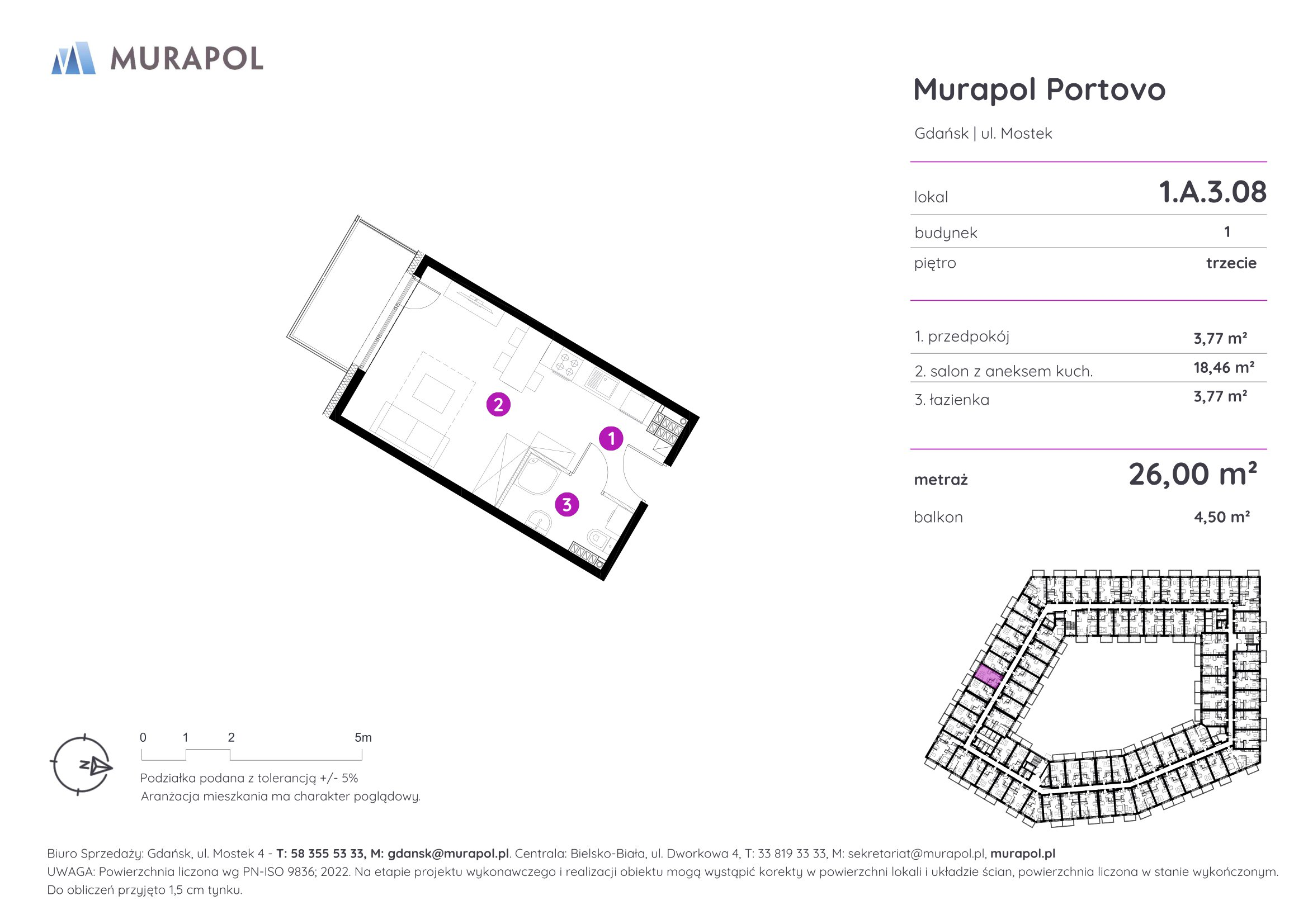 Apartament inwestycyjny 26,00 m², piętro 3, oferta nr 1.A.3.08, Murapol Portovo, Gdańsk, Śródmieście, ul. Mostek-idx