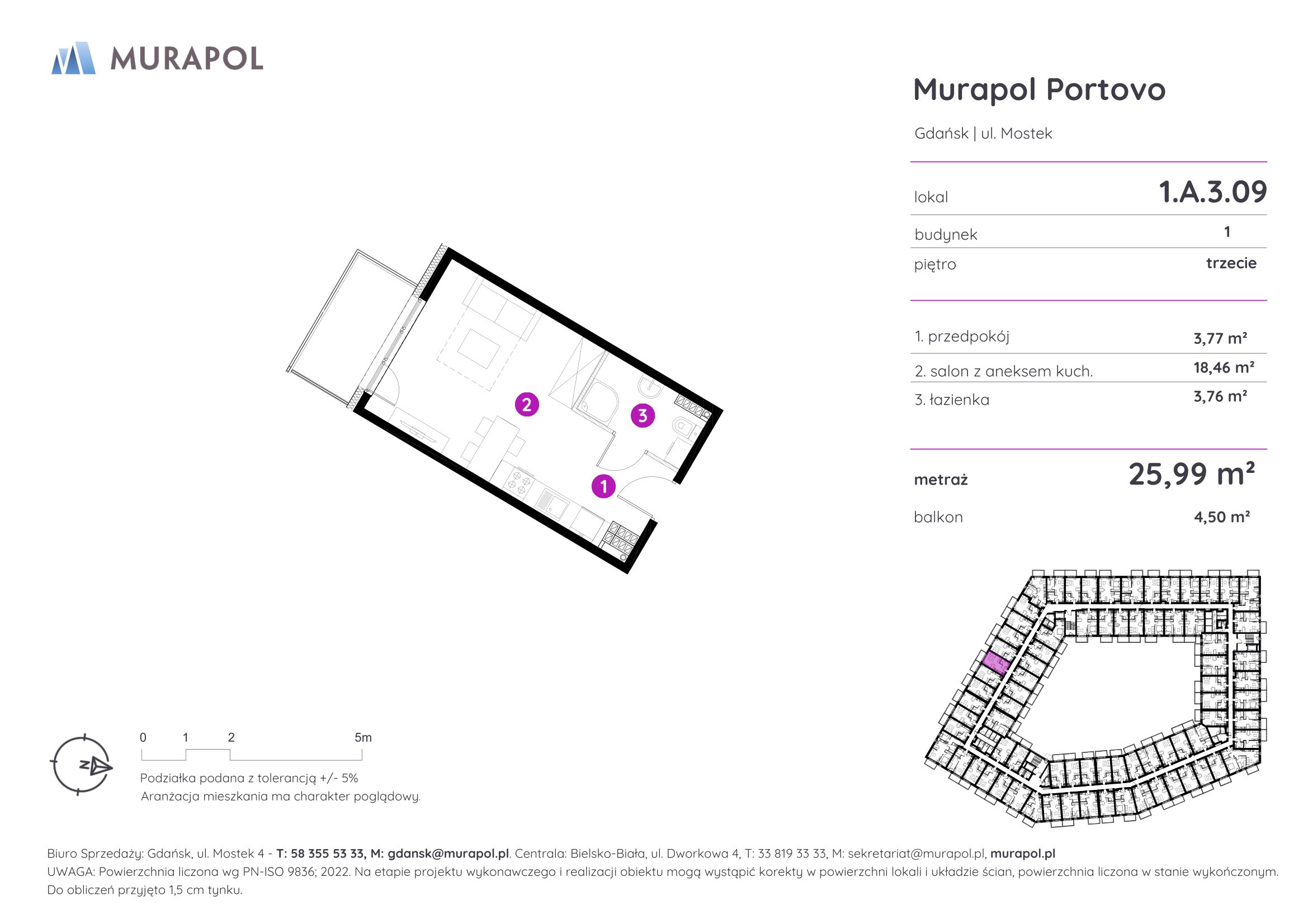 Mieszkanie 25,99 m², piętro 3, oferta nr 1.A.3.09, Murapol Portovo, Gdańsk, Śródmieście, ul. Mostek-idx