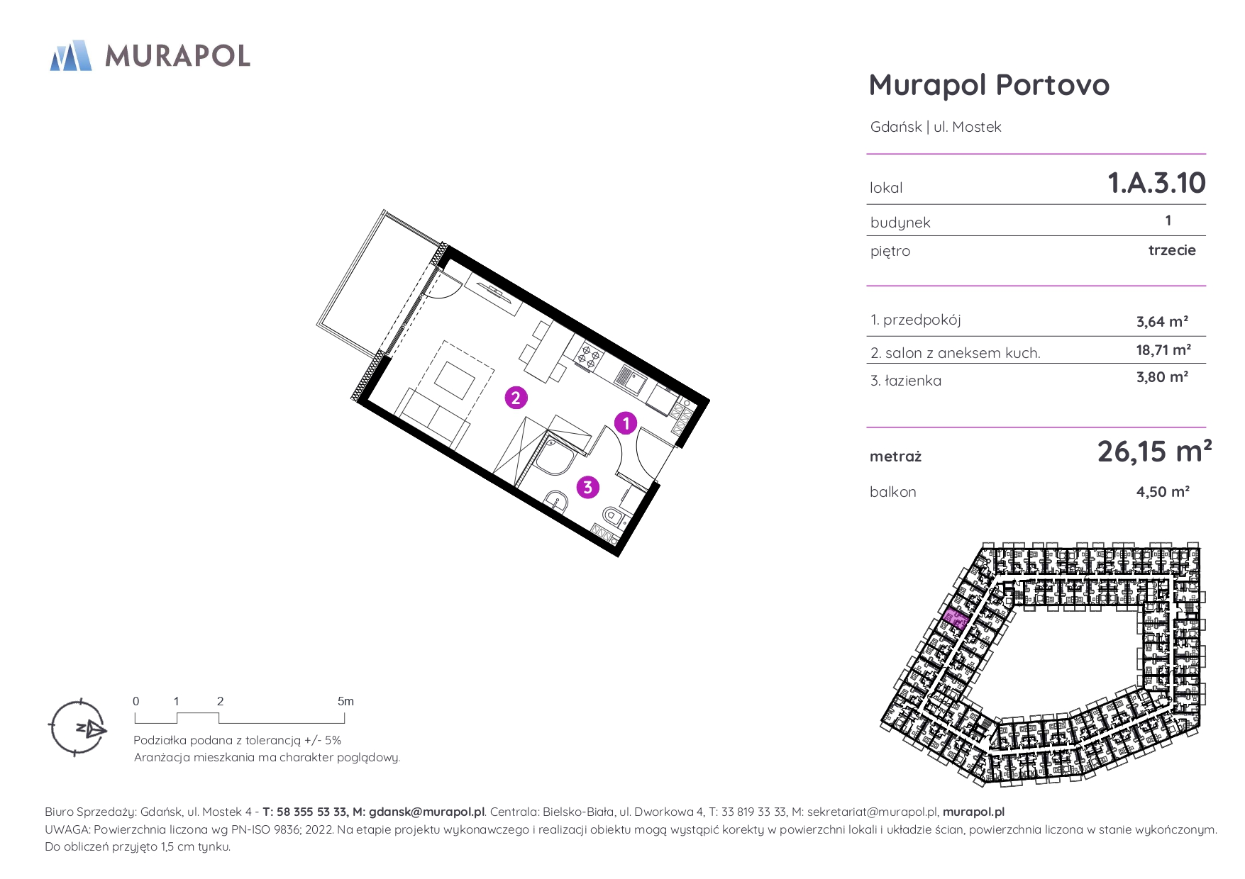 Mieszkanie 26,15 m², piętro 3, oferta nr 1.A.3.10, Murapol Portovo, Gdańsk, Śródmieście, ul. Mostek-idx