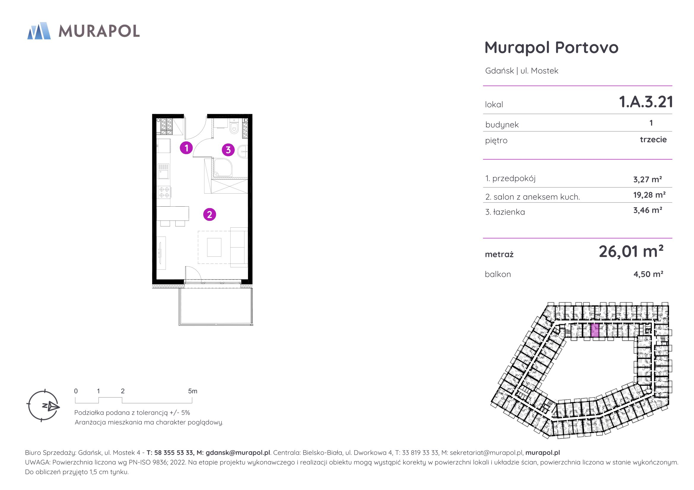 Mieszkanie 26,01 m², piętro 3, oferta nr 1.A.3.21, Murapol Portovo, Gdańsk, Śródmieście, ul. Mostek-idx