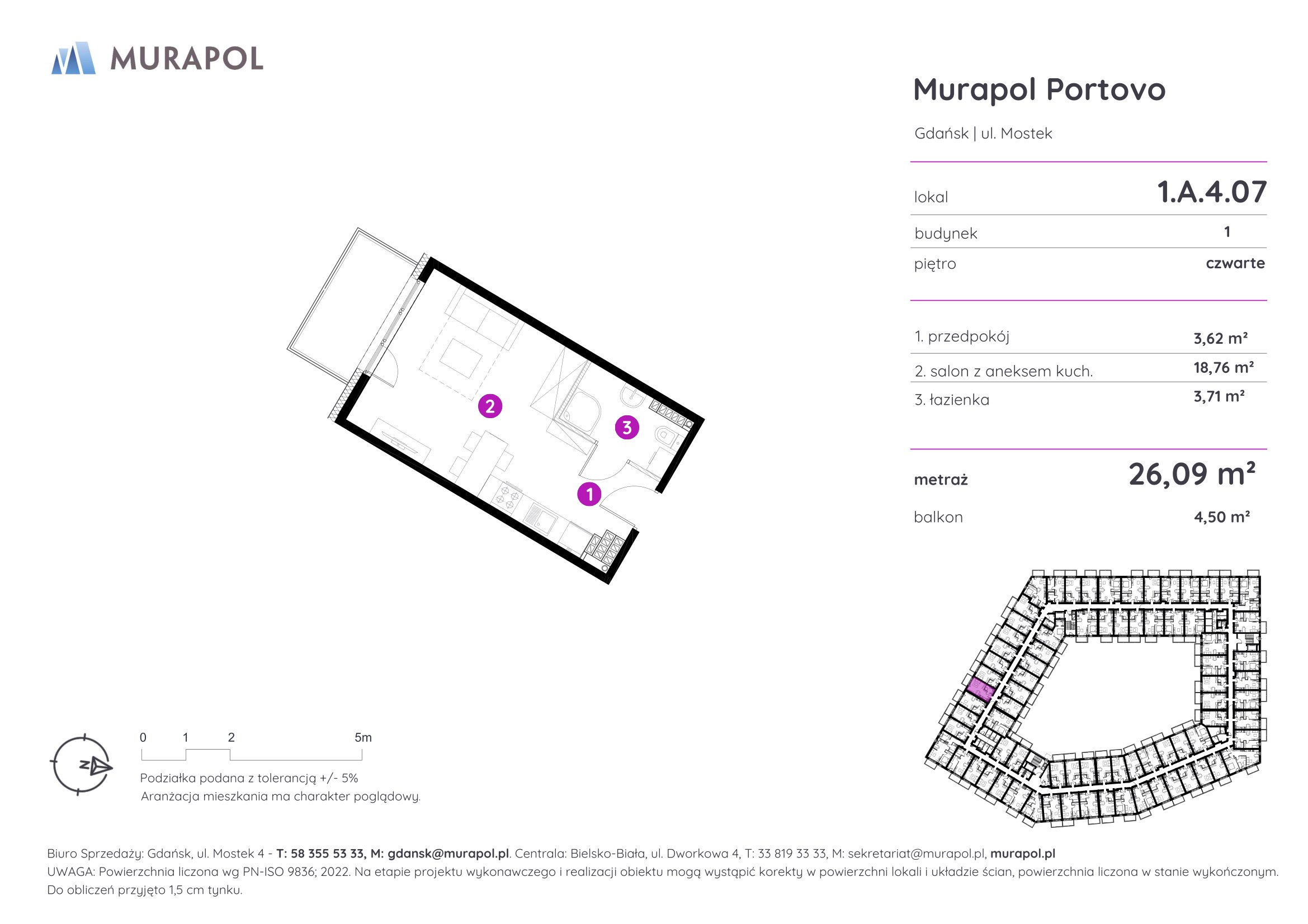 Mieszkanie 26,09 m², piętro 4, oferta nr 1.A.4.07, Murapol Portovo, Gdańsk, Śródmieście, ul. Mostek-idx