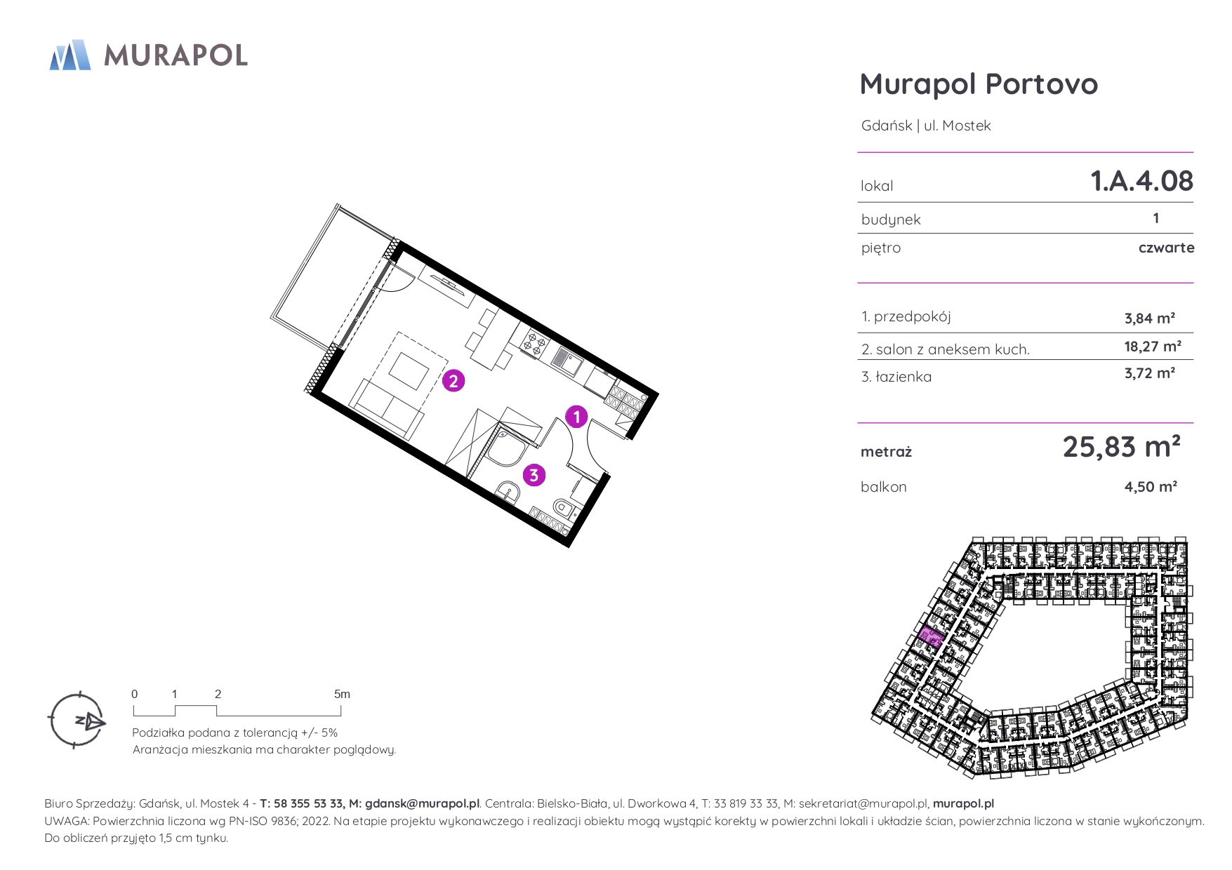 Mieszkanie 25,83 m², piętro 4, oferta nr 1.A.4.08, Murapol Portovo, Gdańsk, Śródmieście, ul. Mostek-idx