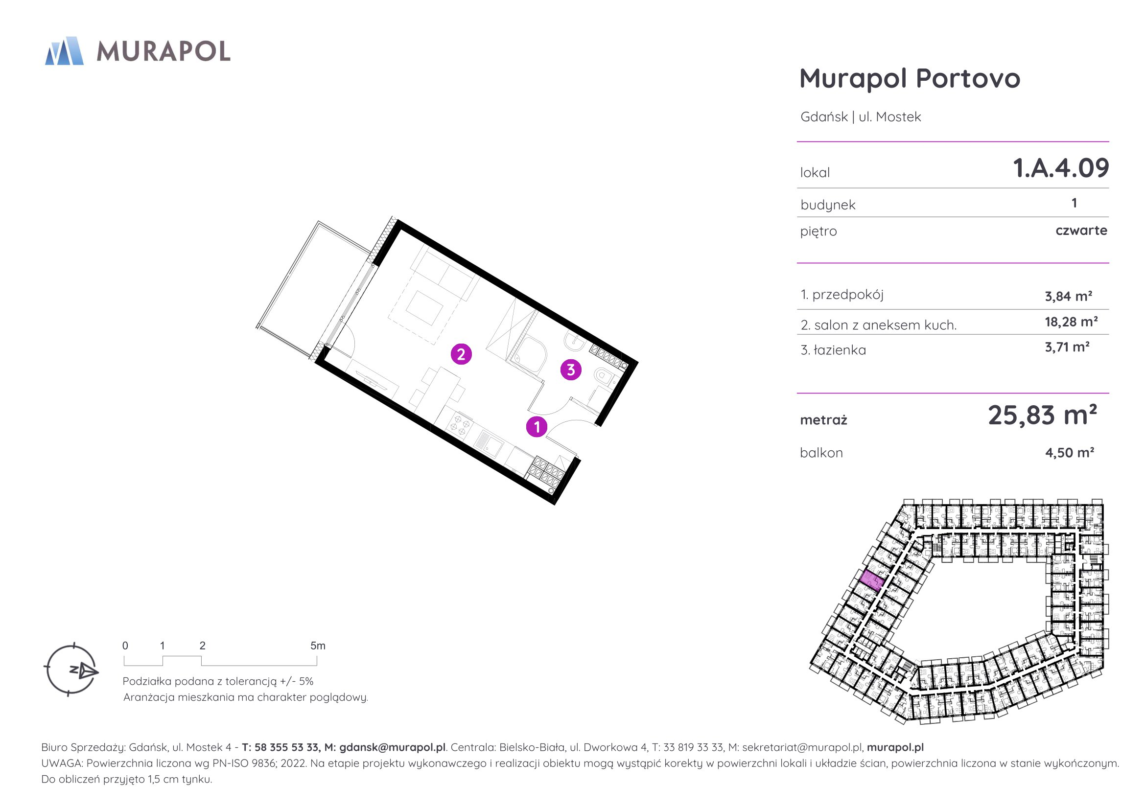 Mieszkanie 25,83 m², piętro 4, oferta nr 1.A.4.09, Murapol Portovo, Gdańsk, Śródmieście, ul. Mostek-idx