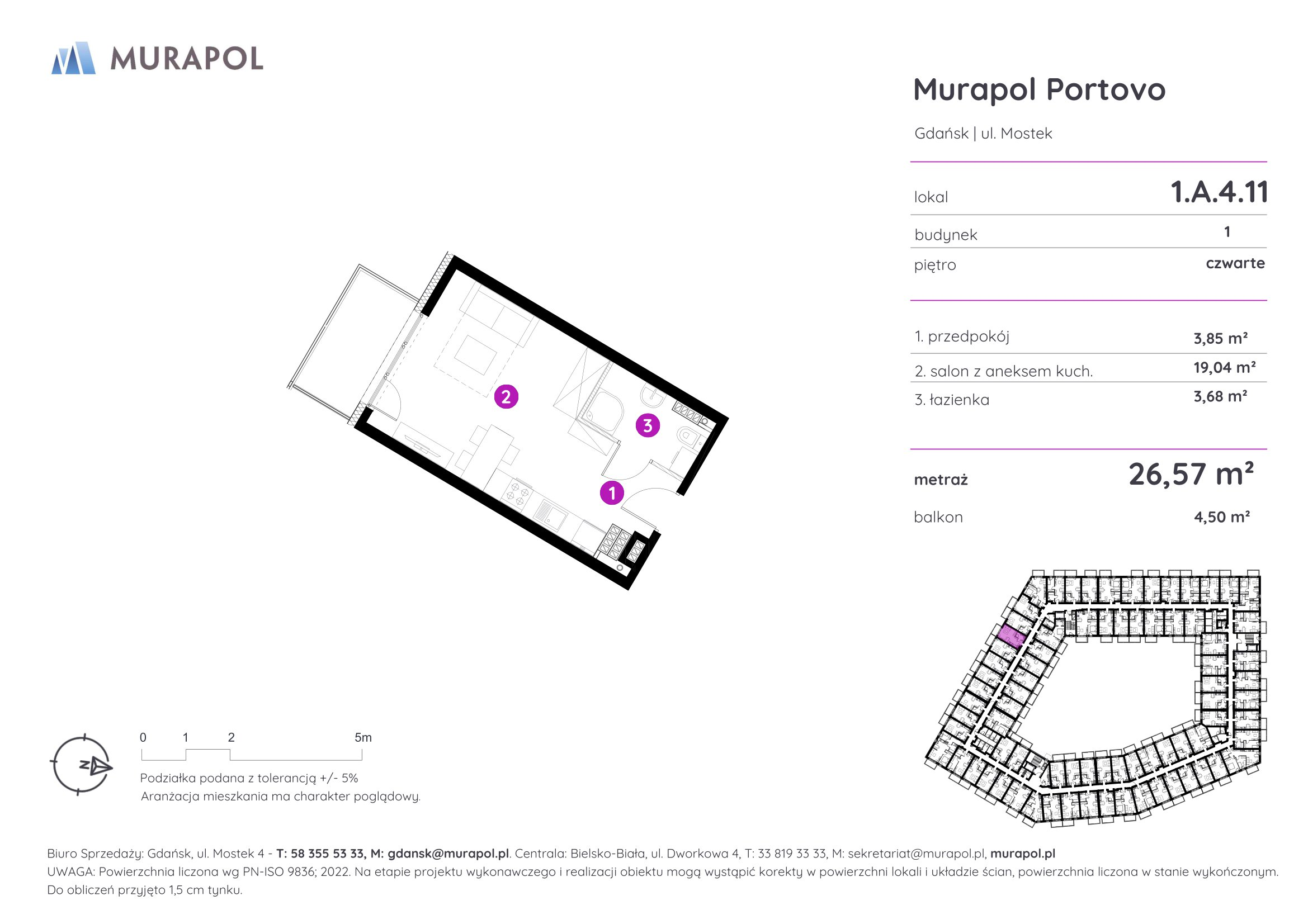 Mieszkanie 26,57 m², piętro 4, oferta nr 1.A.4.11, Murapol Portovo, Gdańsk, Śródmieście, ul. Mostek-idx