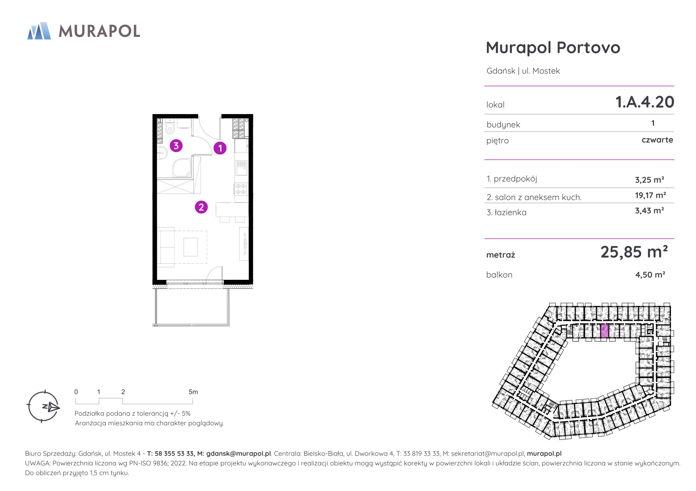 Mieszkanie 25,85 m², piętro 4, oferta nr 1.A.4.20, Murapol Portovo, Gdańsk, Śródmieście, ul. Mostek-idx