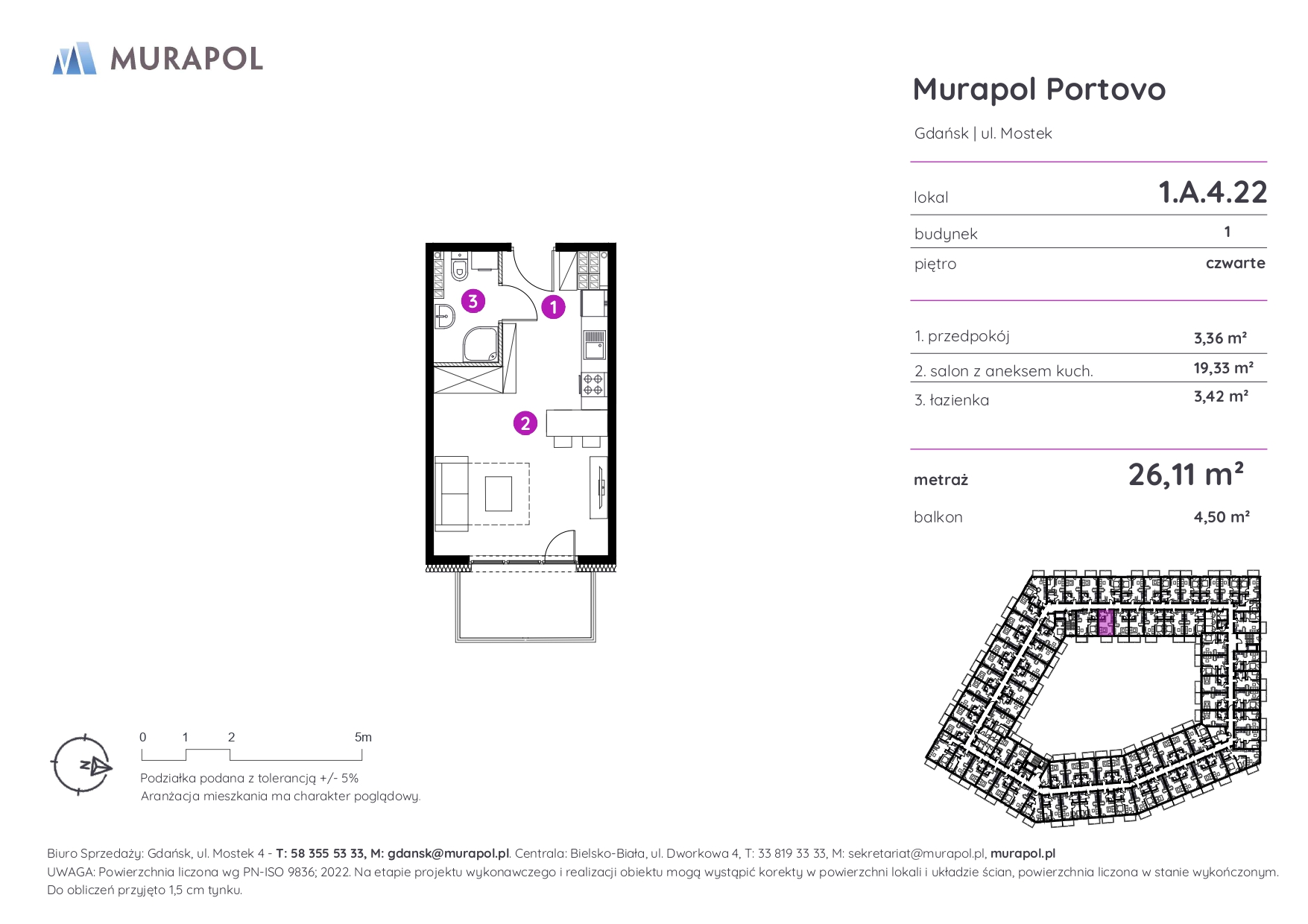 Mieszkanie 26,11 m², piętro 4, oferta nr 1.A.4.22, Murapol Portovo, Gdańsk, Śródmieście, ul. Mostek-idx