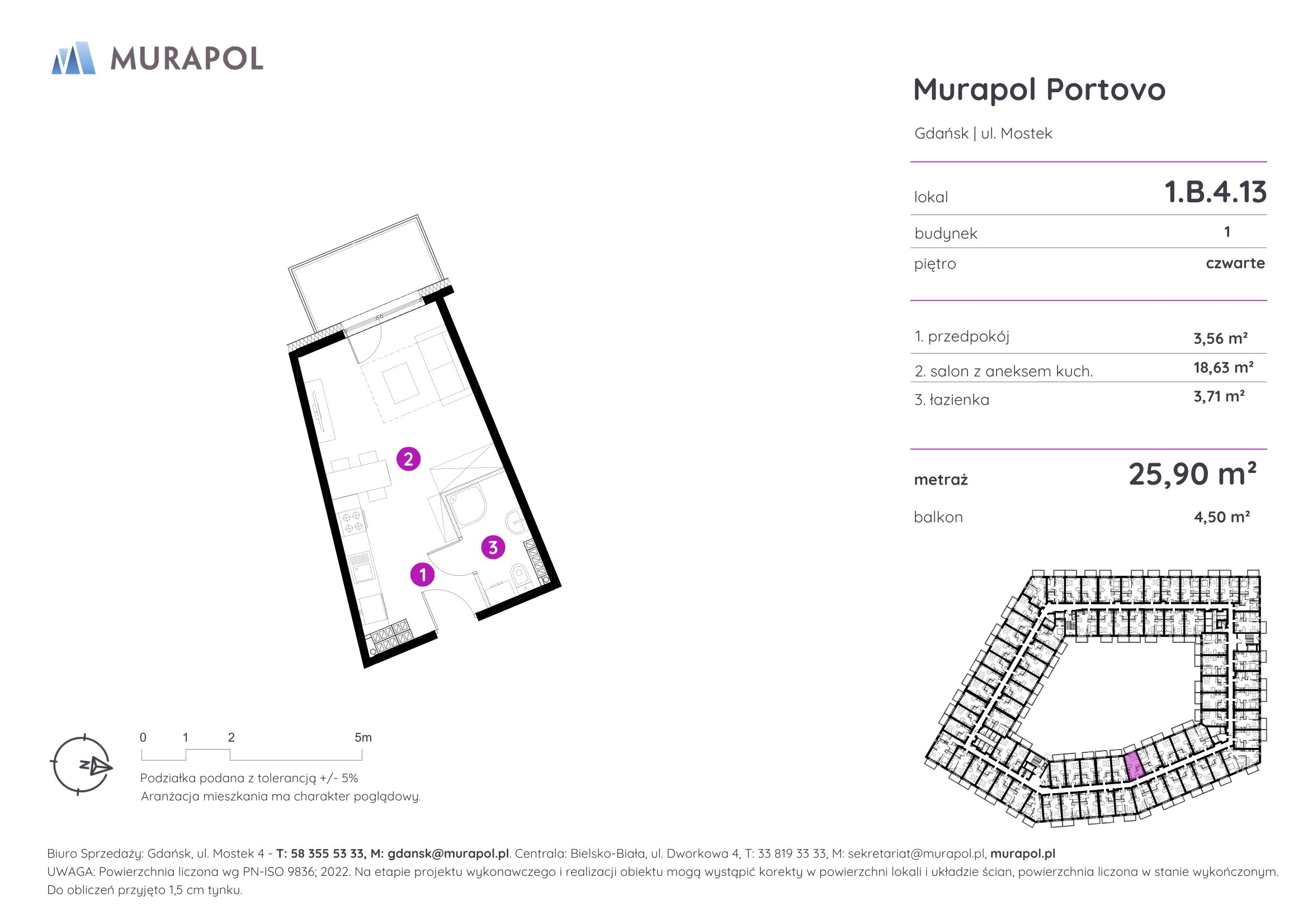 Apartament inwestycyjny 25,90 m², piętro 4, oferta nr 1.B.4.13, Murapol Portovo, Gdańsk, Śródmieście, ul. Mostek-idx