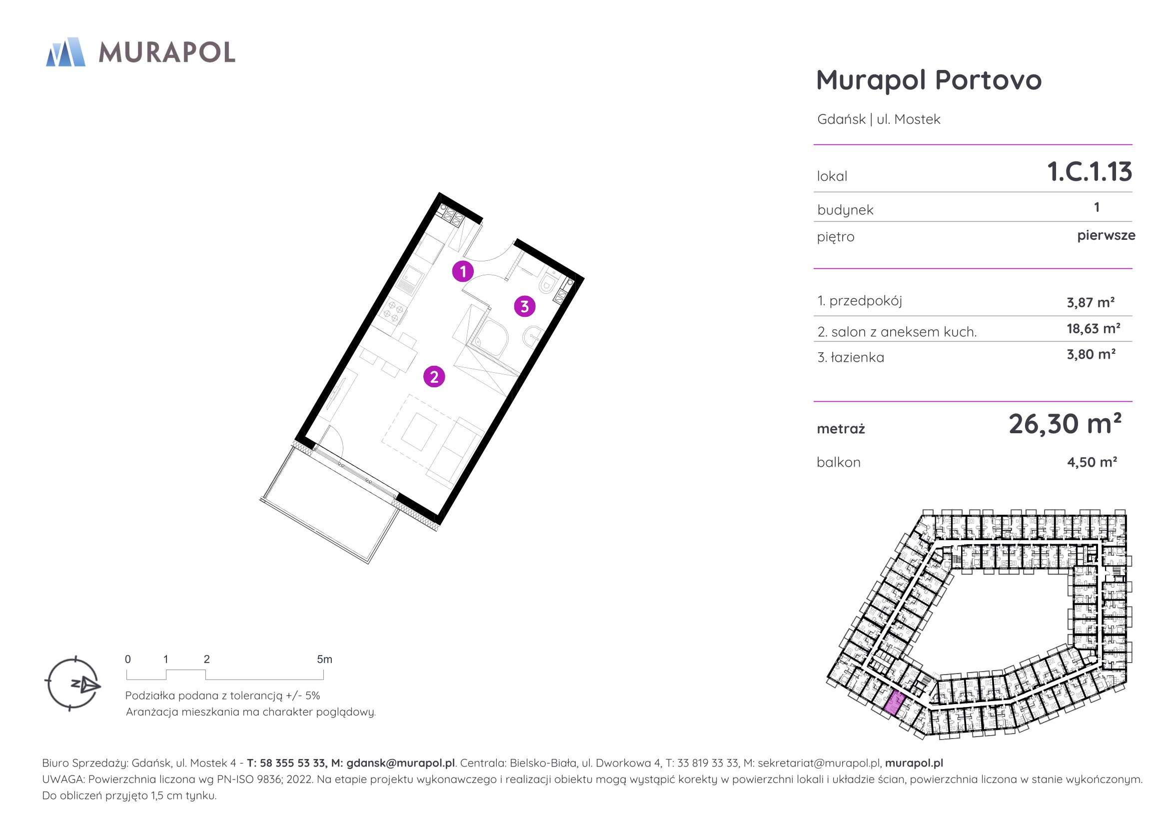 Mieszkanie 26,30 m², piętro 1, oferta nr 1.C.1.13, Murapol Portovo, Gdańsk, Śródmieście, ul. Mostek-idx