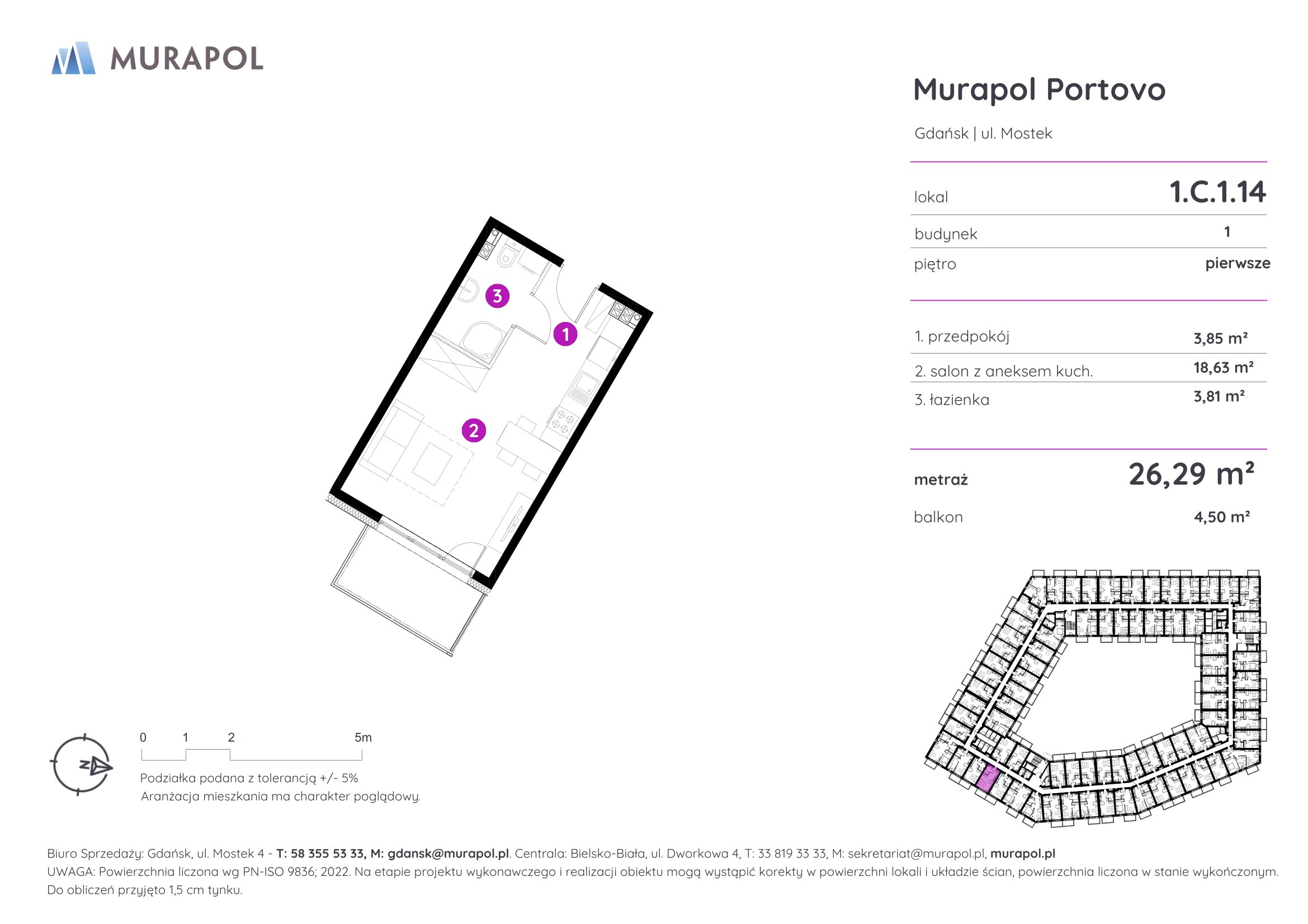 Mieszkanie 26,29 m², piętro 1, oferta nr 1.C.1.14, Murapol Portovo, Gdańsk, Śródmieście, ul. Mostek-idx