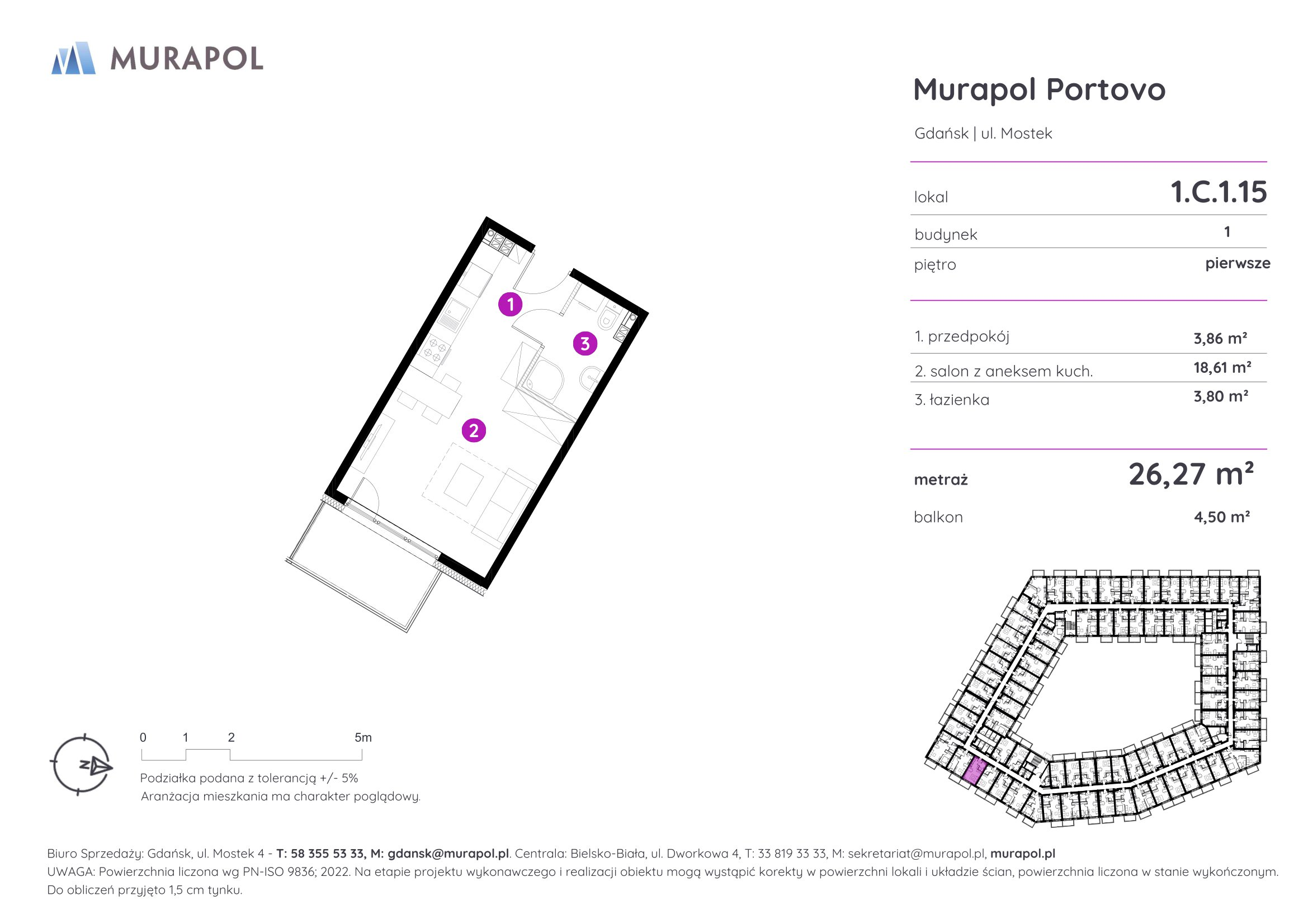 Mieszkanie 26,27 m², piętro 1, oferta nr 1.C.1.15, Murapol Portovo, Gdańsk, Śródmieście, ul. Mostek-idx