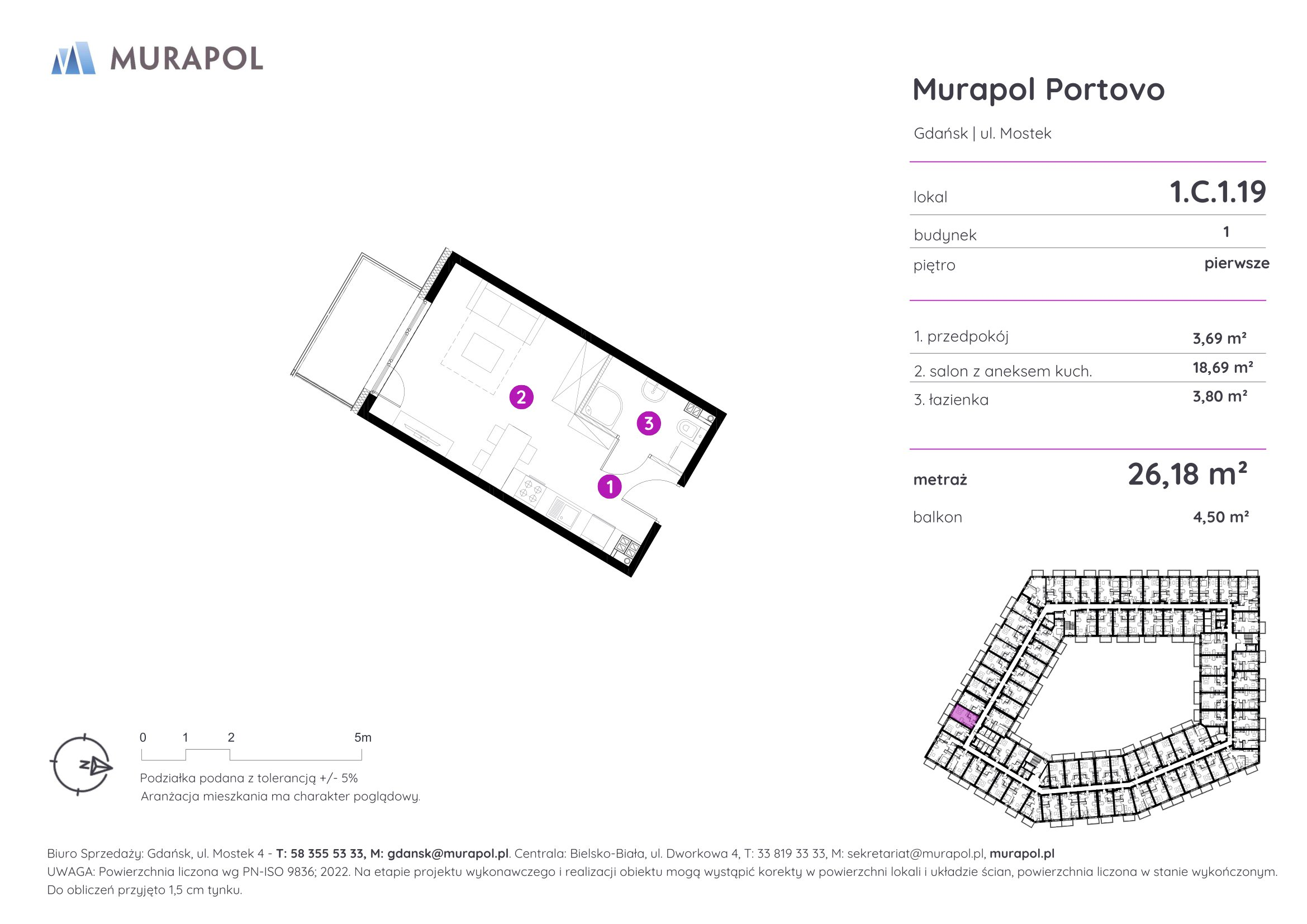 Mieszkanie 26,18 m², piętro 1, oferta nr 1.C.1.19, Murapol Portovo, Gdańsk, Śródmieście, ul. Mostek-idx