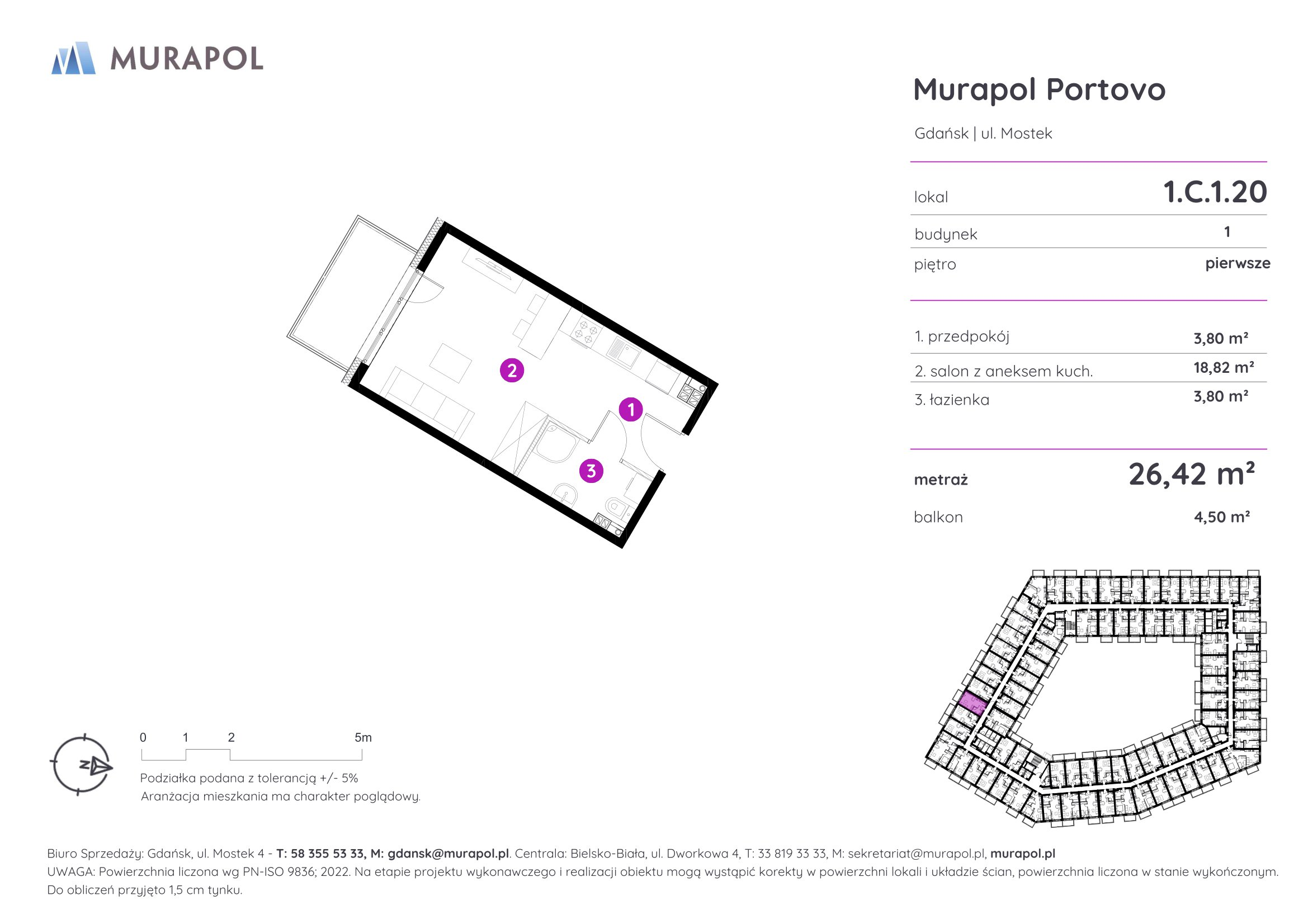 Mieszkanie 26,42 m², piętro 1, oferta nr 1.C.1.20, Murapol Portovo, Gdańsk, Śródmieście, ul. Mostek-idx